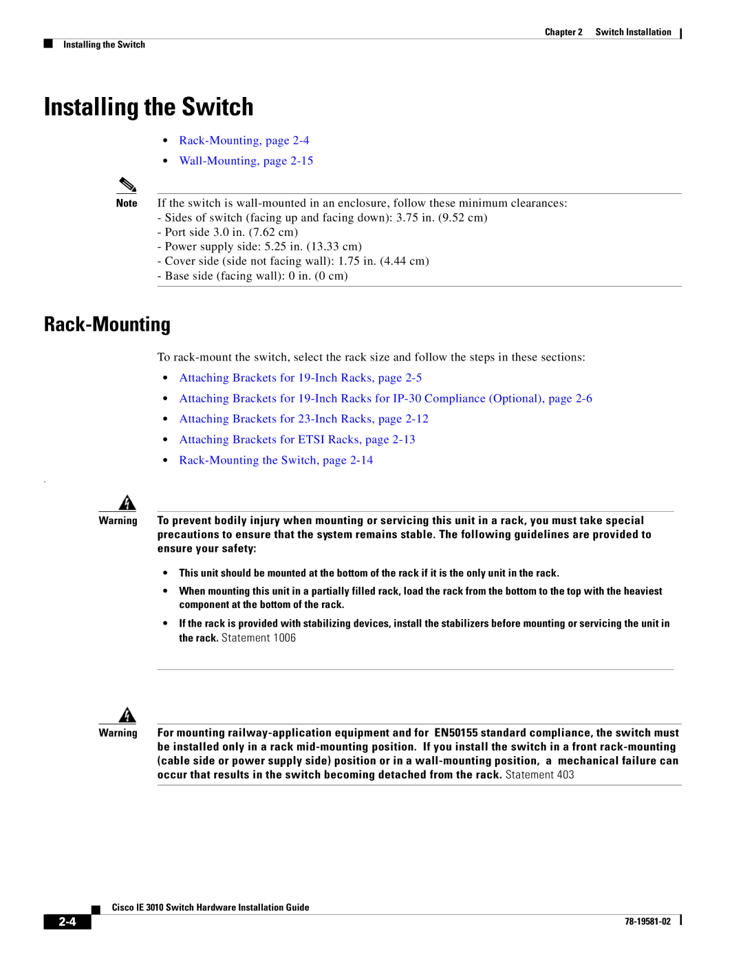 Cisco Systems IE 3010 manual Installing the Switch, Rack-Mounting 