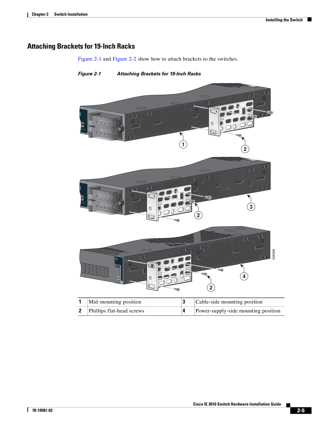 Cisco Systems IE 3010 manual Attaching Brackets for 19-Inch Racks, 1and -2show how to attach brackets to the switches 