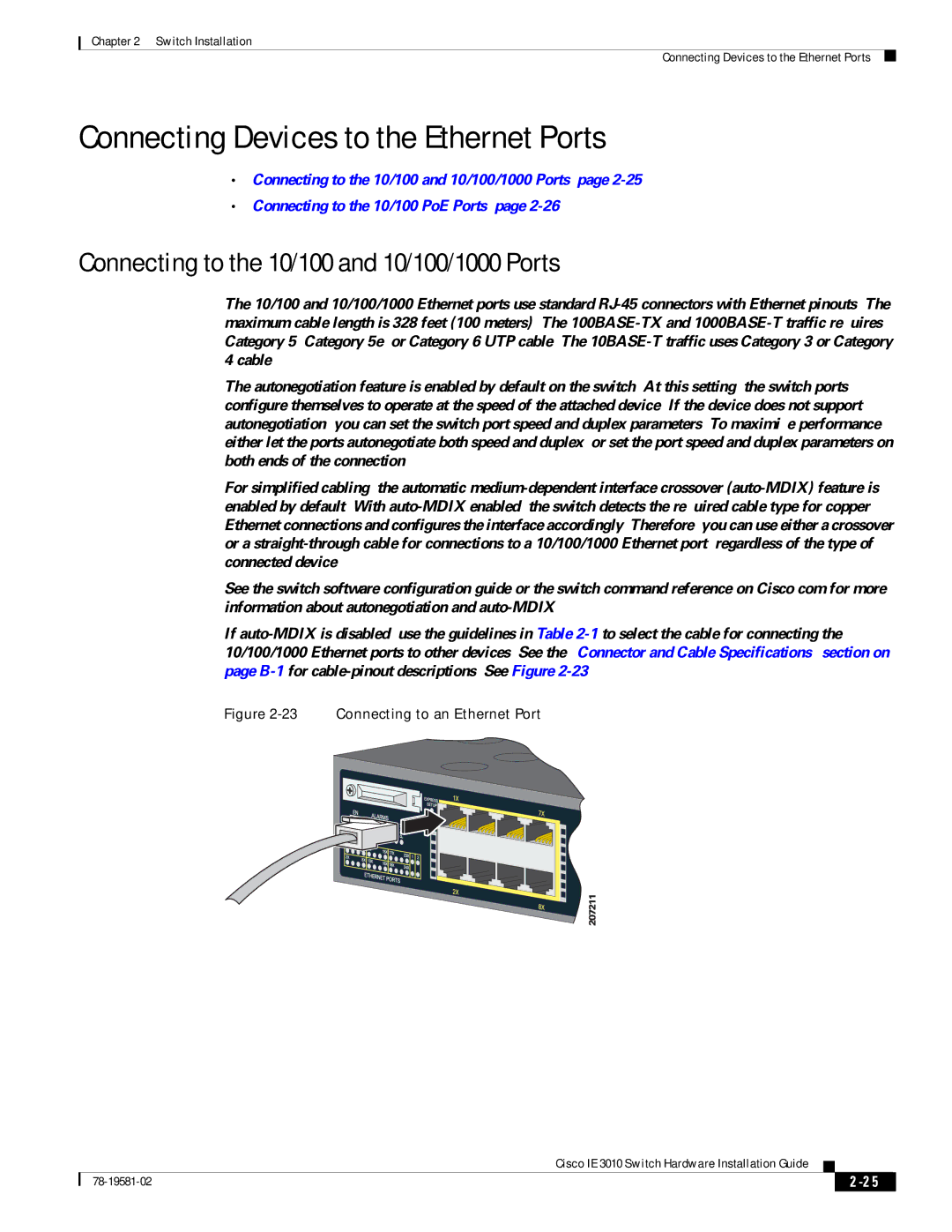 Cisco Systems IE 3010 manual Connecting Devices to the Ethernet Ports, Connecting to the 10/100 and 10/100/1000 Ports 