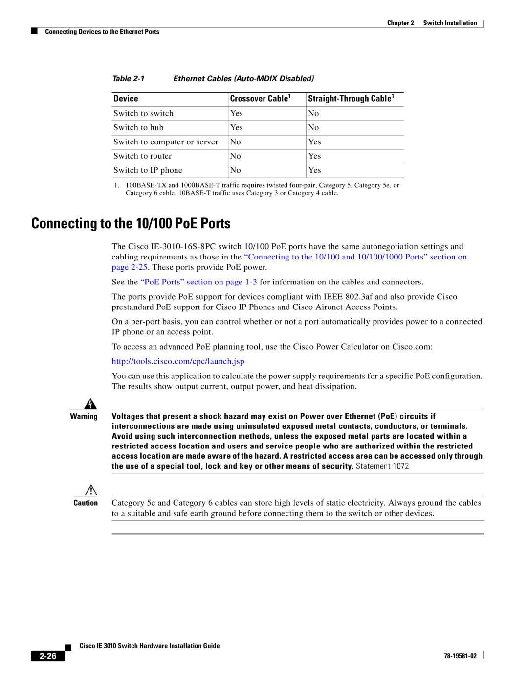 Cisco Systems IE 3010 manual Connecting to the 10/100 PoE Ports, Device Crossover Cable 