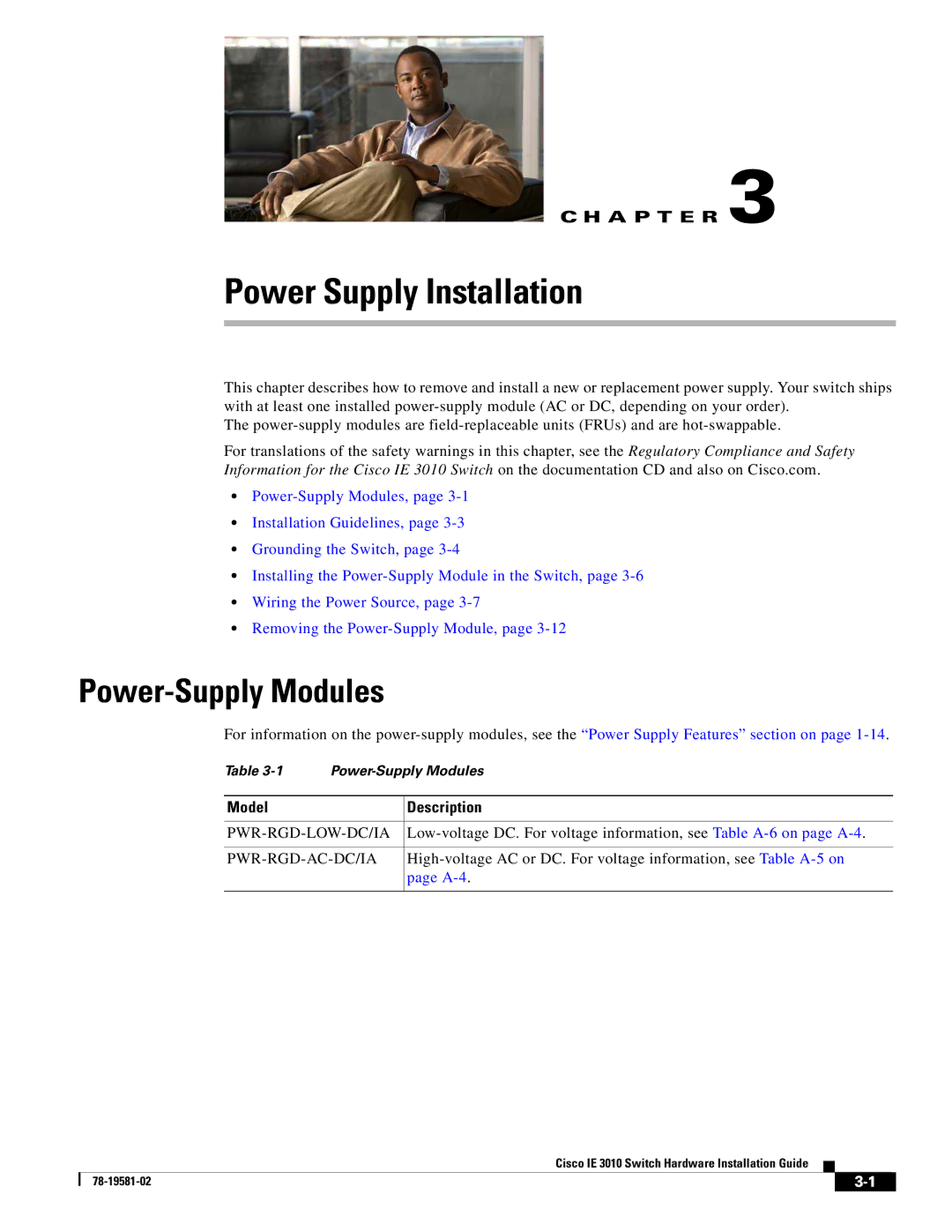 Cisco Systems IE 3010 manual Power Supply Installation, Power-Supply Modules 