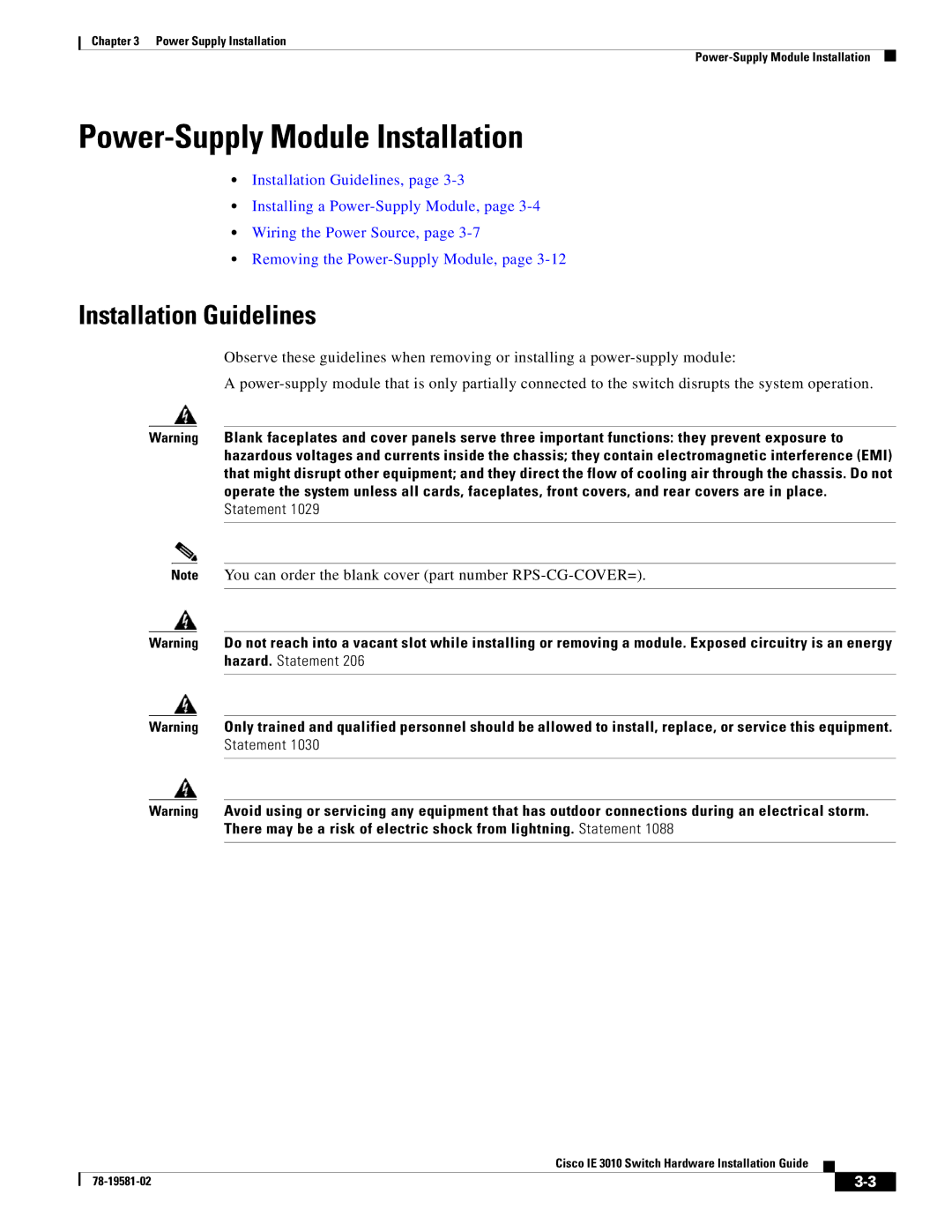 Cisco Systems IE 3010 manual Power-Supply Module Installation, Installation Guidelines 