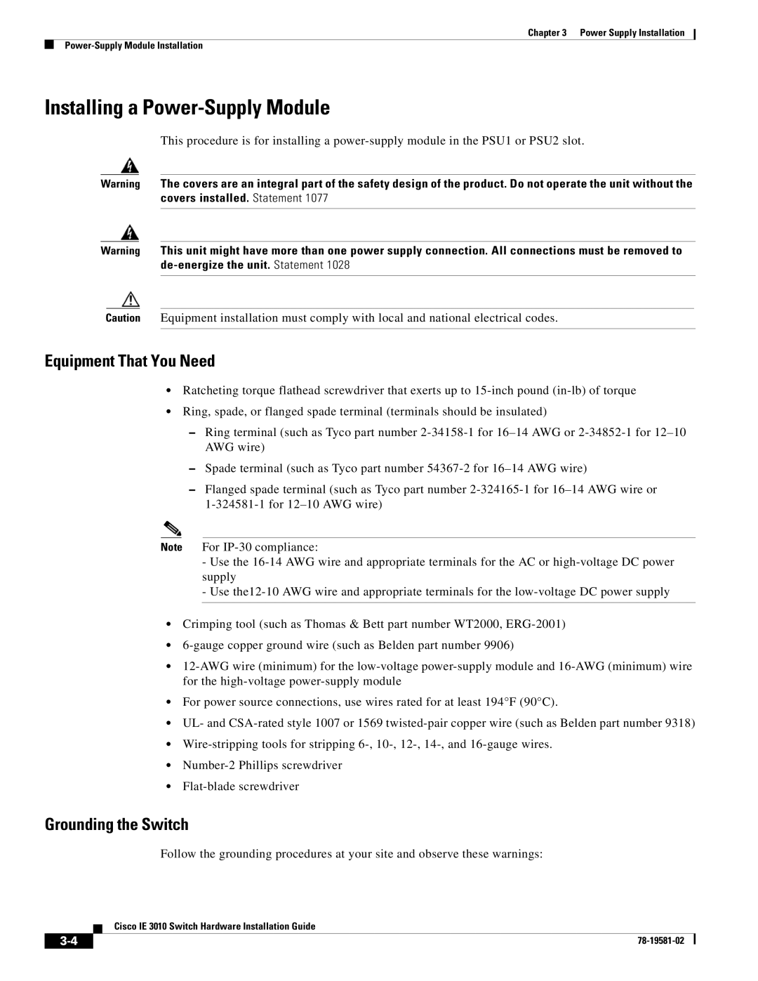 Cisco Systems IE 3010 manual Installing a Power-Supply Module, Equipment That You Need, Grounding the Switch 