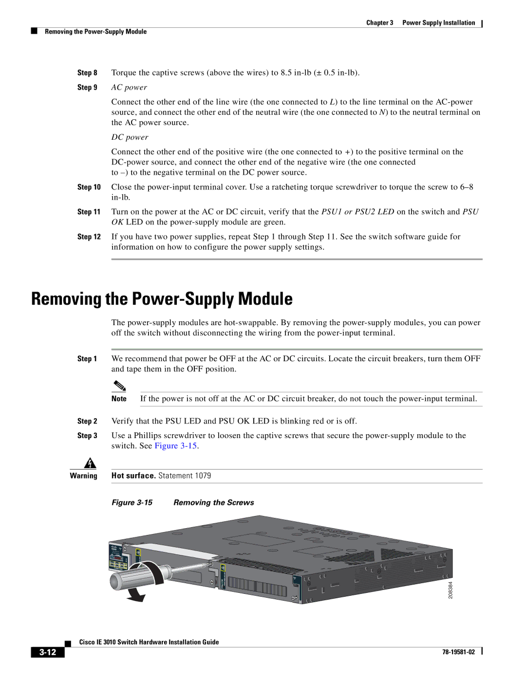 Cisco Systems IE 3010 manual Removing the Power-Supply Module, AC power 