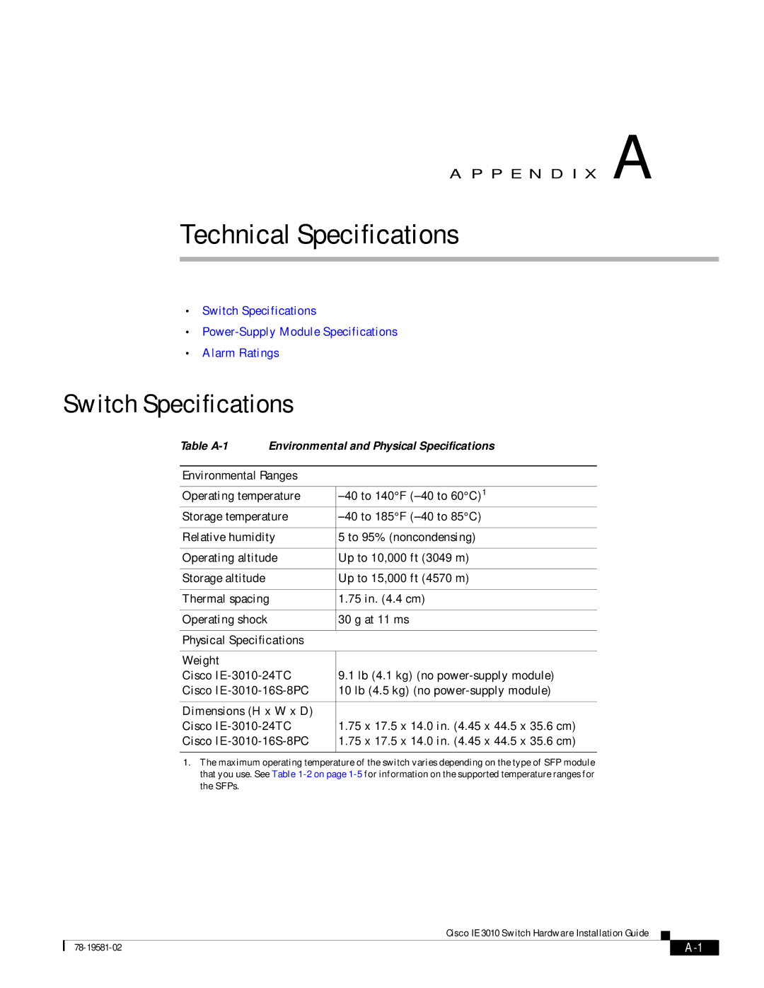 Cisco Systems IE 3010 manual Switch Specifications, Environmental Ranges, Physical Specifications 