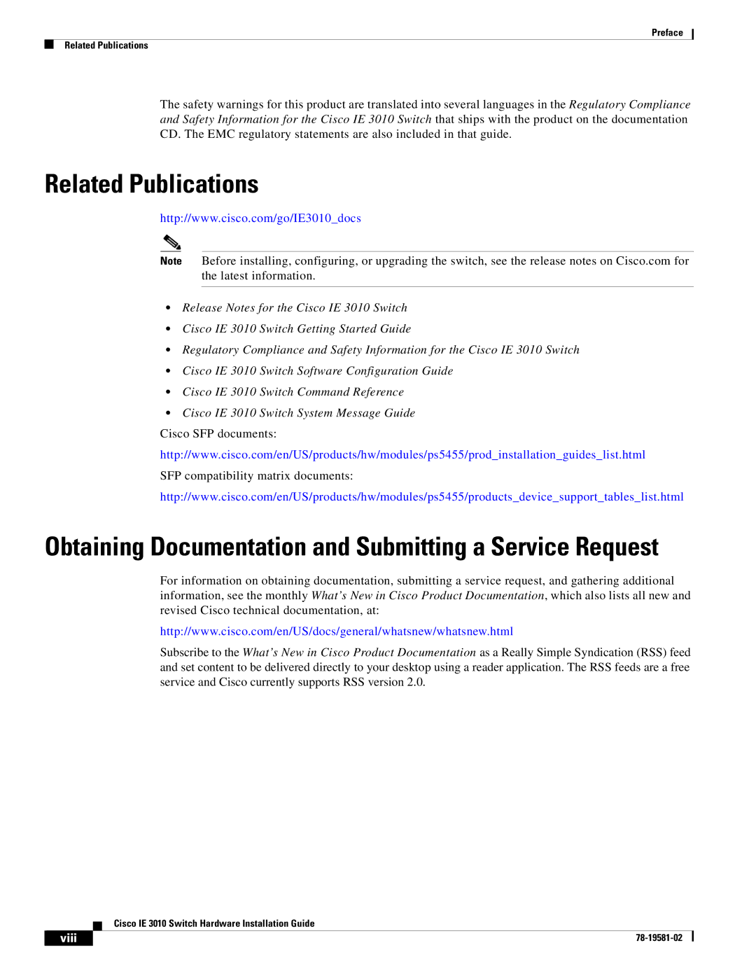 Cisco Systems IE 3010 manual Related Publications, Obtaining Documentation and Submitting a Service Request 