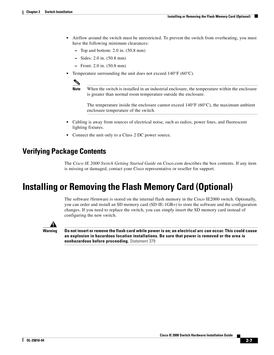 Cisco Systems IE20004TSL, IE20004TSB Installing or Removing the Flash Memory Card Optional, Verifying Package Contents 