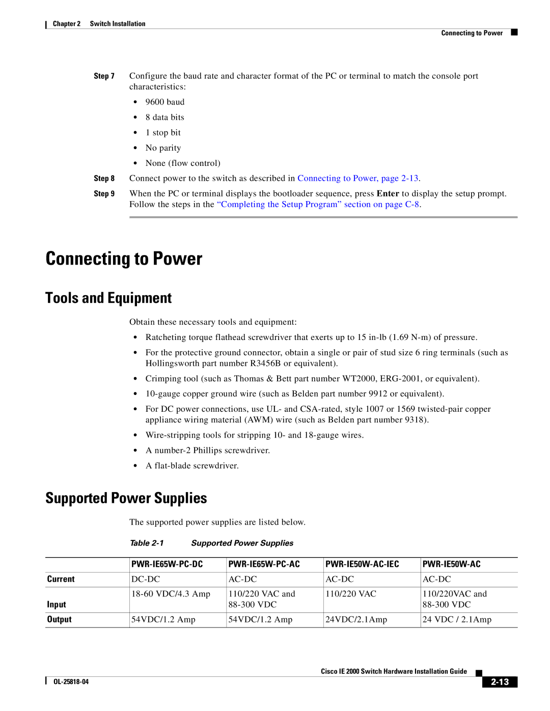 Cisco Systems IE20004TSL, IE20004TSB, IE200016TCB manual Connecting to Power, Tools and Equipment, Supported Power Supplies 