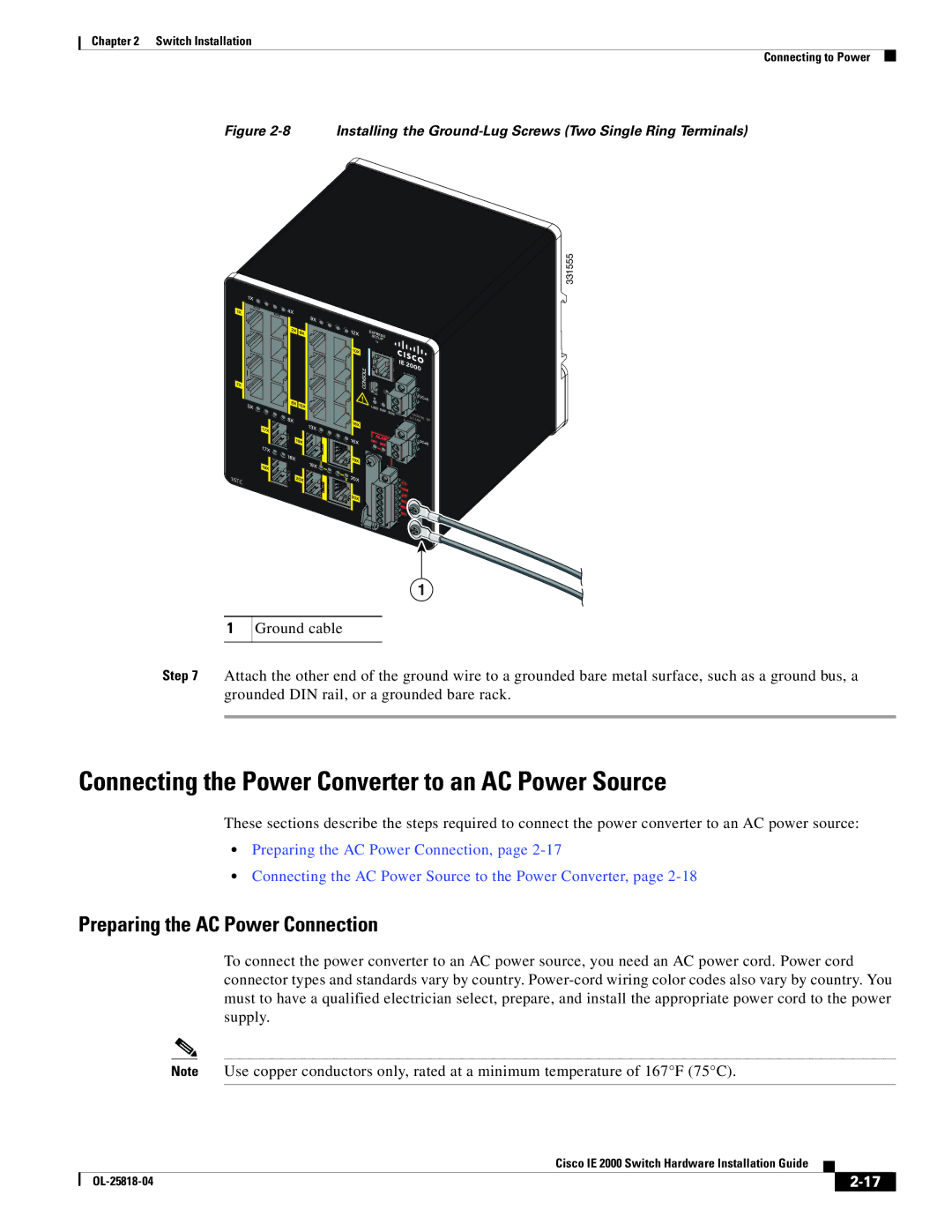 Cisco Systems IE200016TCB manual Connecting the Power Converter to an AC Power Source, Preparing the AC Power Connection 