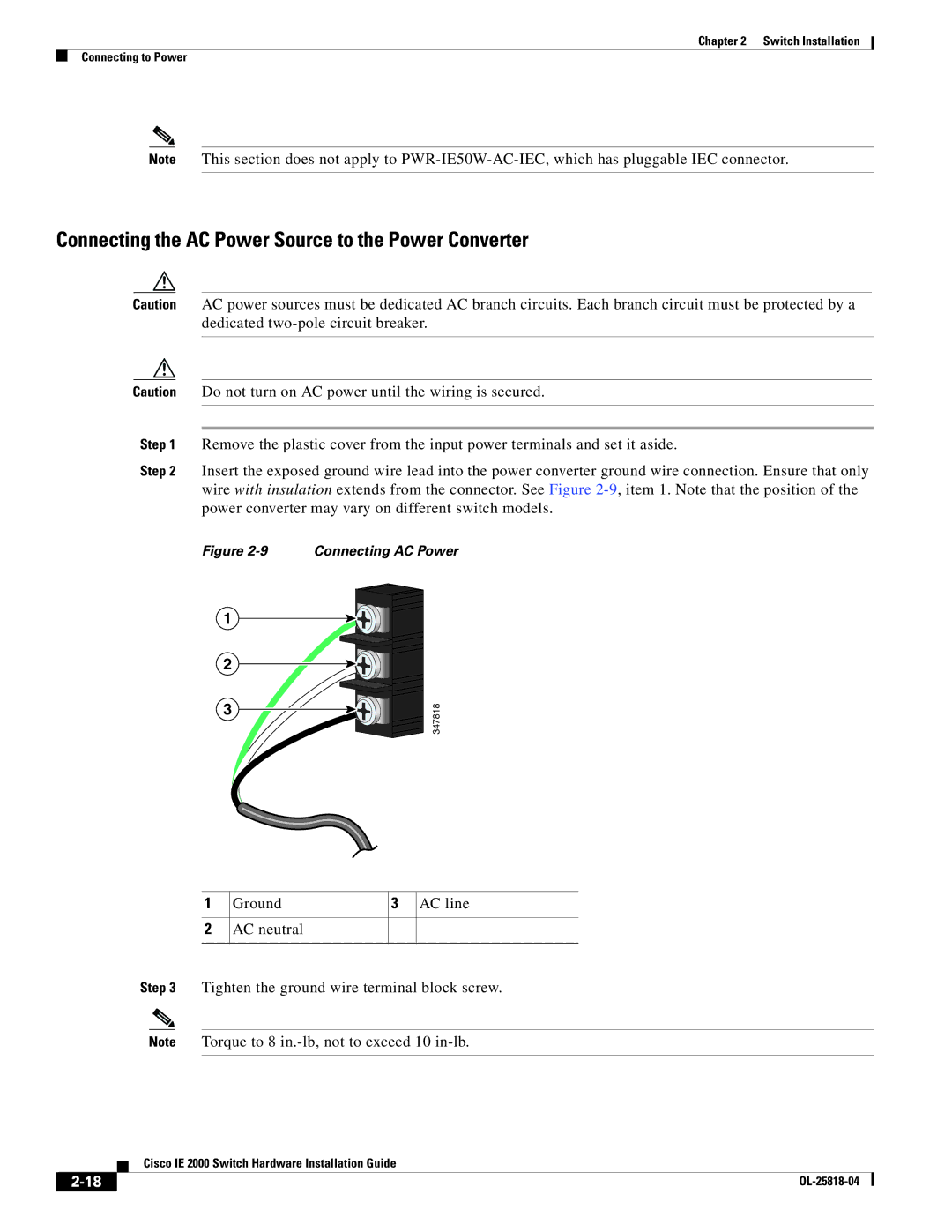 Cisco Systems IE20004TSB, IE20004TSL manual Connecting the AC Power Source to the Power Converter, Connecting AC Power 