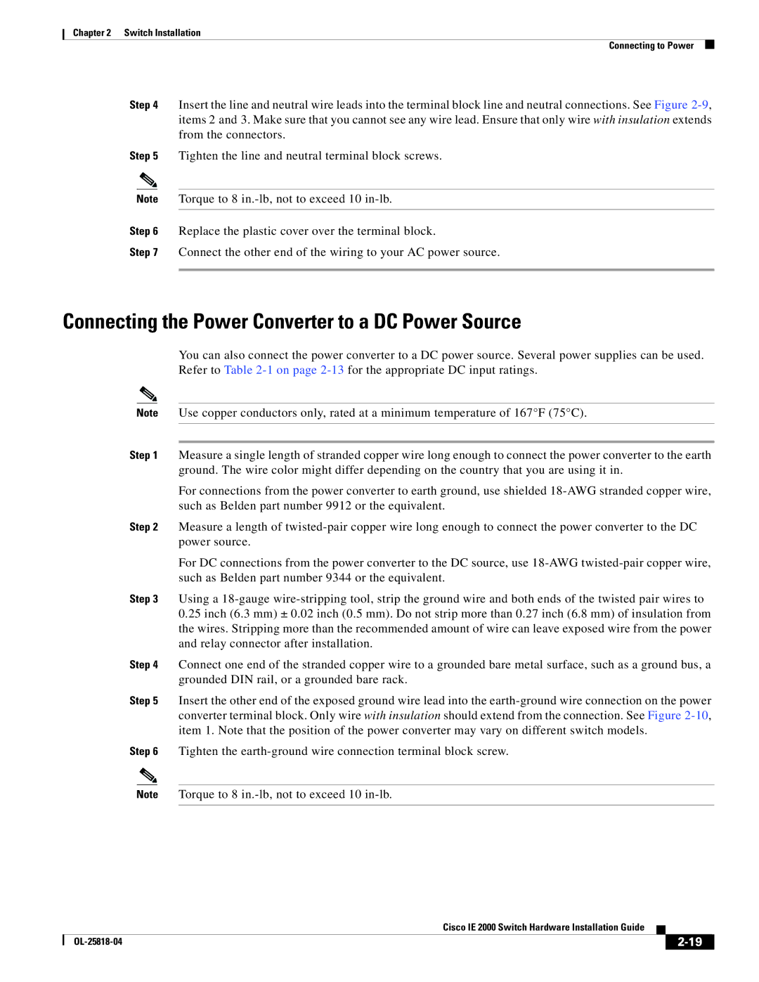 Cisco Systems IE20004TSL, IE20004TSB, IE200016TCB manual Connecting the Power Converter to a DC Power Source 