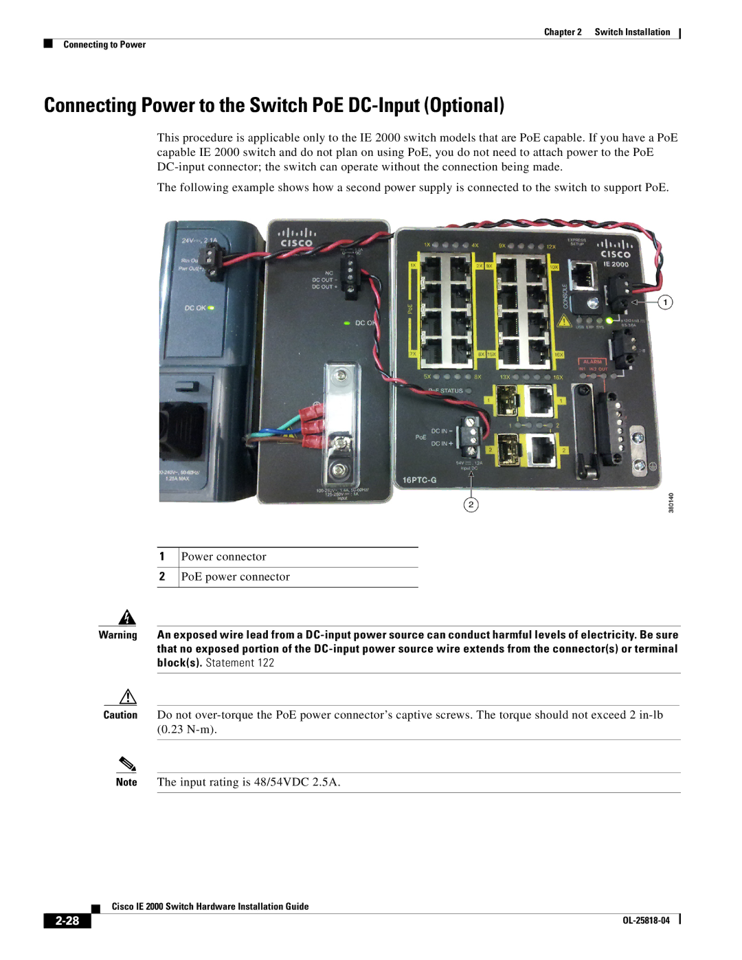 Cisco Systems IE20004TSL, IE20004TSB, IE200016TCB manual Connecting Power to the Switch PoE DC-Input Optional 