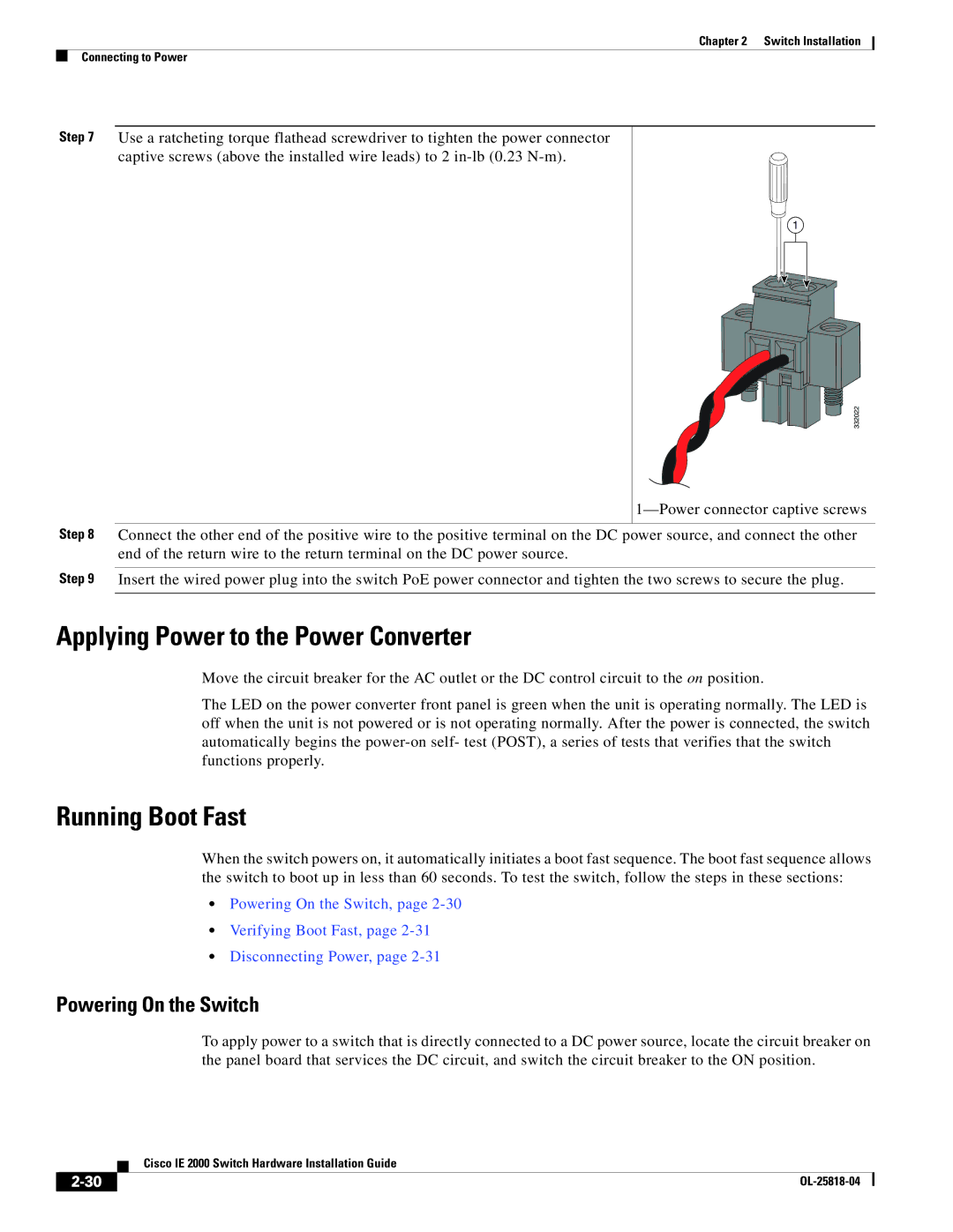 Cisco Systems IE20004TSB, IE20004TSL manual Applying Power to the Power Converter, Running Boot Fast, Powering On the Switch 