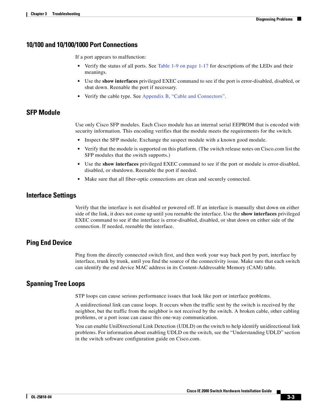 Cisco Systems IE20004TSB manual 10/100 and 10/100/1000 Port Connections, SFP Module, Interface Settings, Ping End Device 