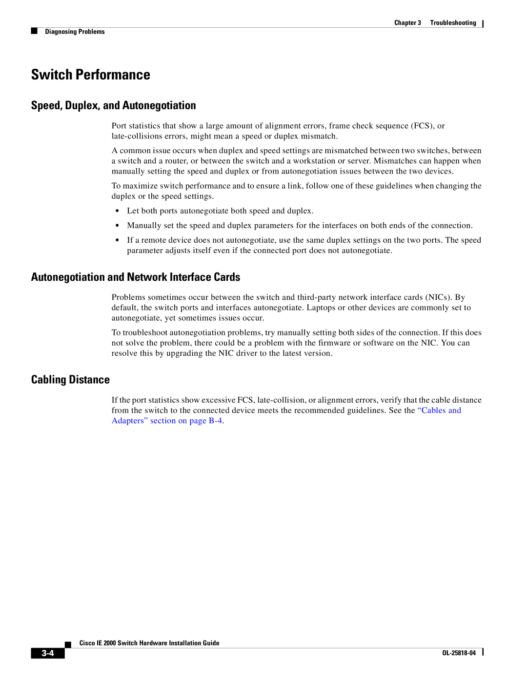 Cisco Systems IE20004TSL, IE20004TSB, IE200016TCB Switch Performance, Speed, Duplex, and Autonegotiation, Cabling Distance 