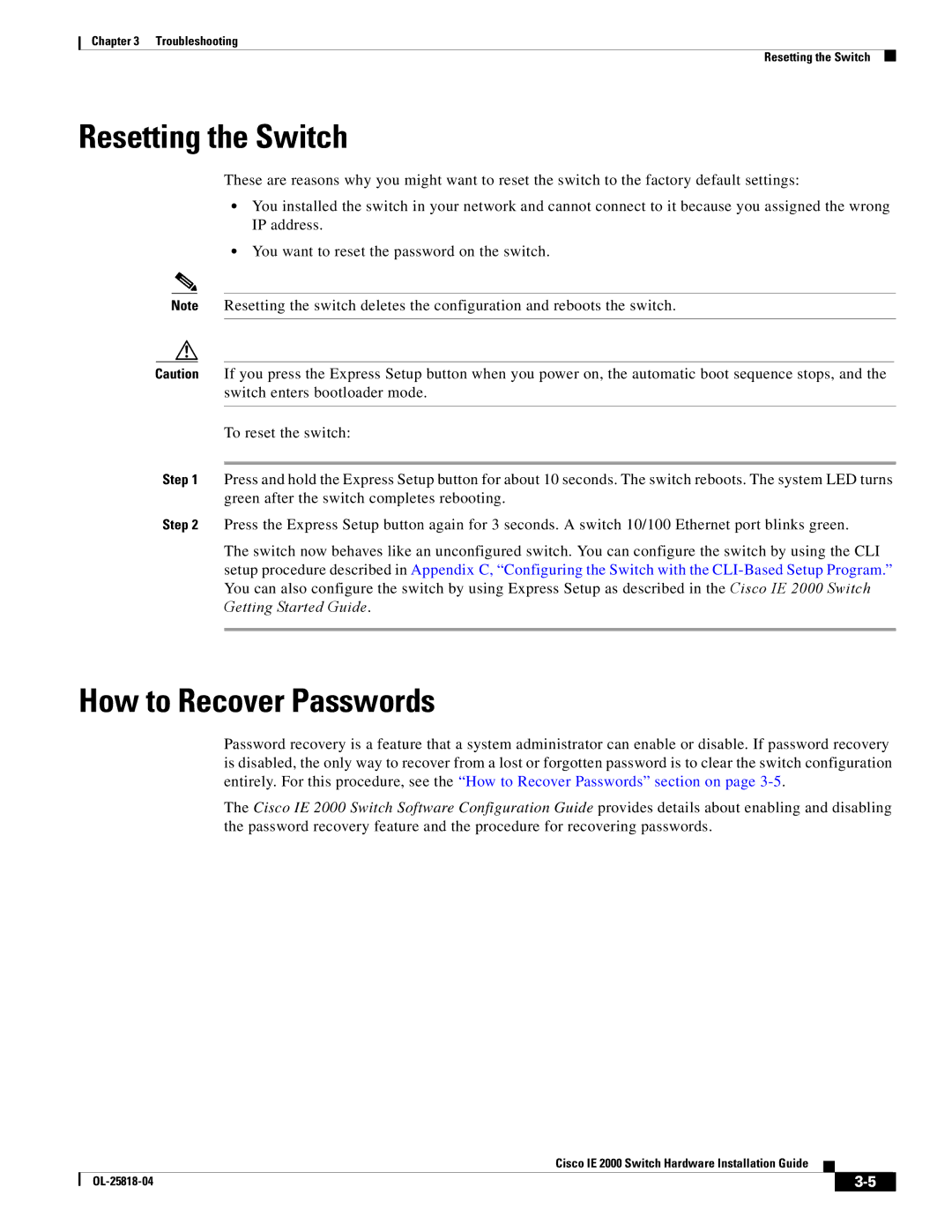 Cisco Systems IE200016TCB, IE20004TSB, IE20004TSL manual Resetting the Switch, How to Recover Passwords 