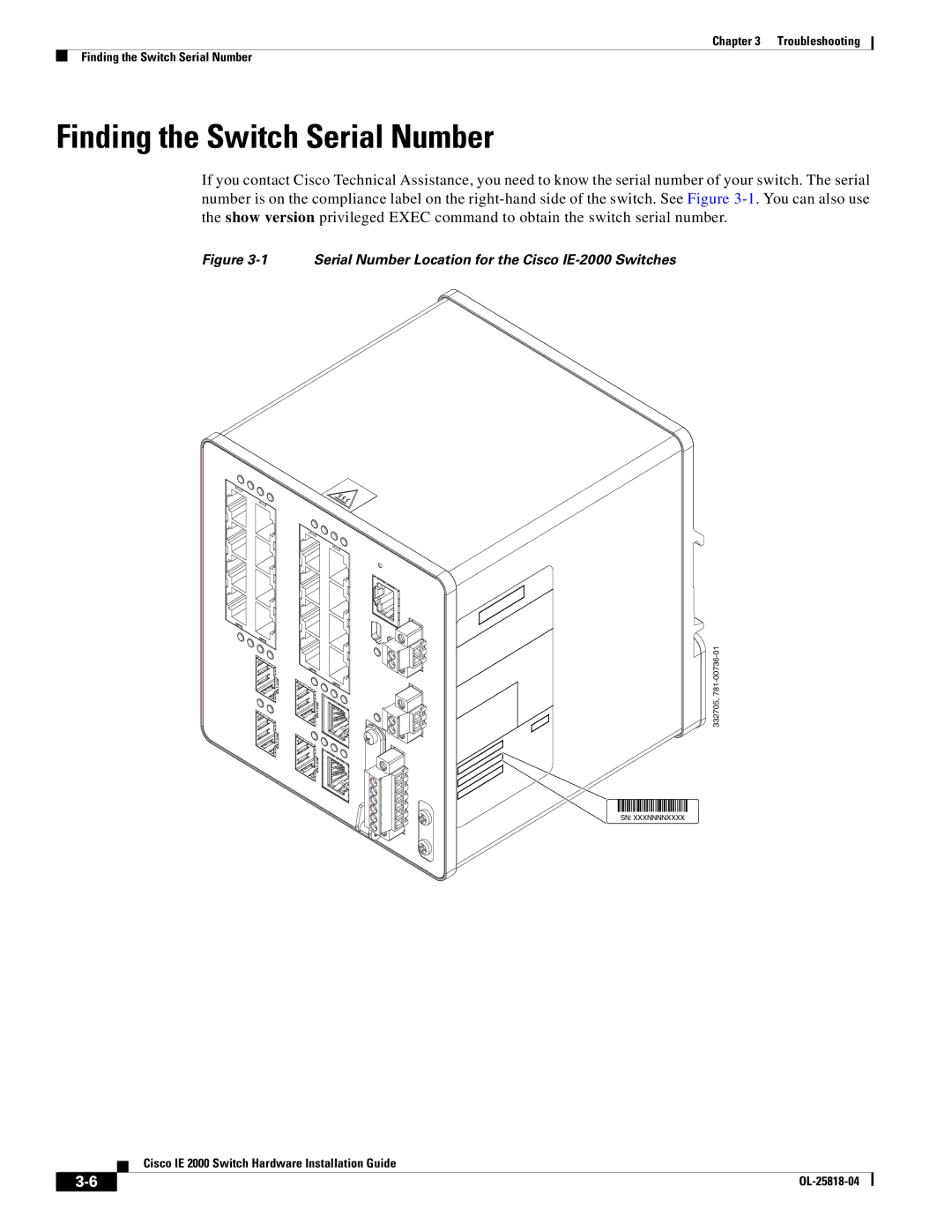 Cisco Systems IE20004TSB manual Finding the Switch Serial Number, Serial Number Location for the Cisco IE-2000 Switches 