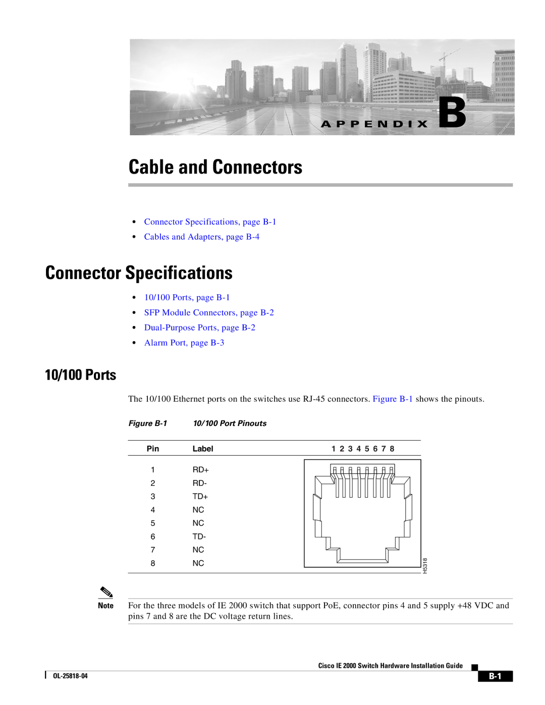 Cisco Systems IE20004TSL, IE20004TSB, IE200016TCB manual Connector Specifications, 10/100 Ports 