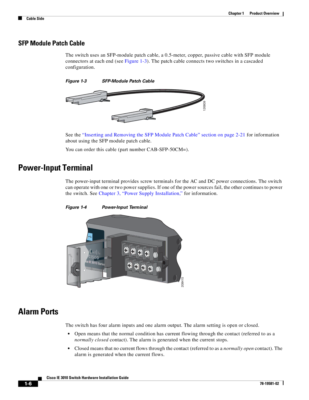 Cisco Systems IE301024TC manual Power-Input Terminal, Alarm Ports, SFP Module Patch Cable 