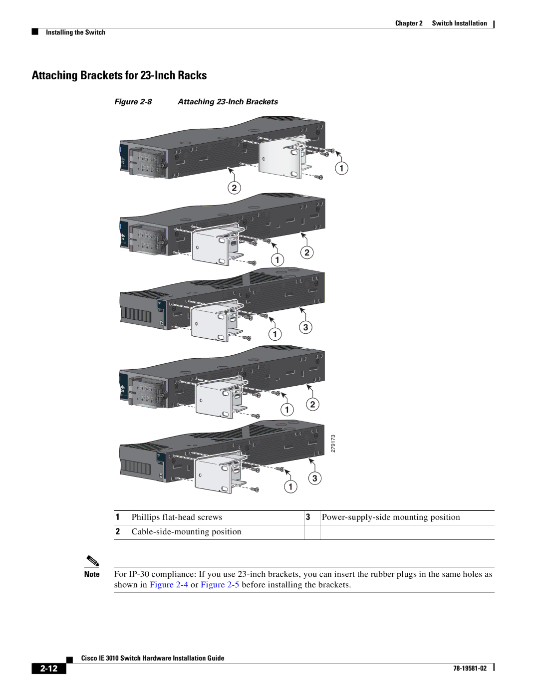 Cisco Systems IE301024TC manual Attaching Brackets for 23-Inch Racks, Attaching 23-Inch Brackets 