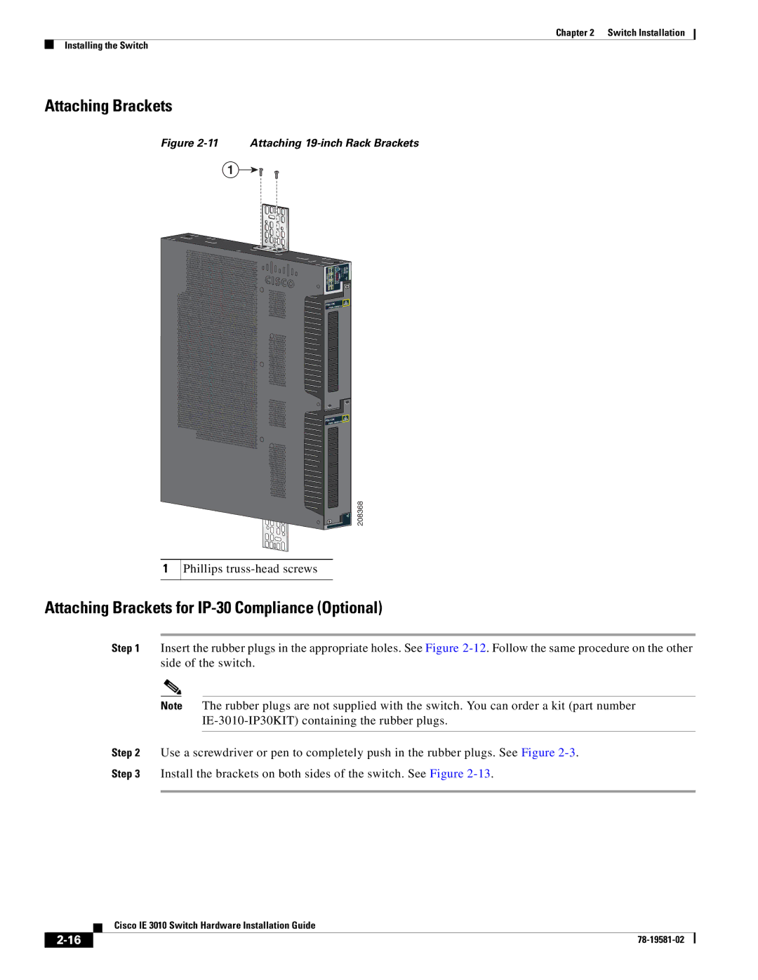 Cisco Systems IE301024TC manual Attaching Brackets for IP-30 Compliance Optional 