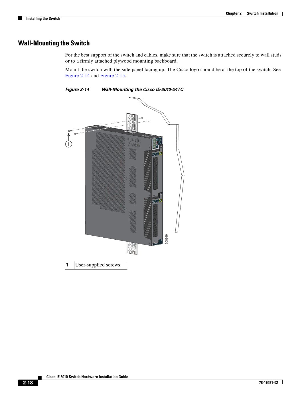 Cisco Systems IE301024TC manual Wall-Mounting the Switch, User-supplied screws 