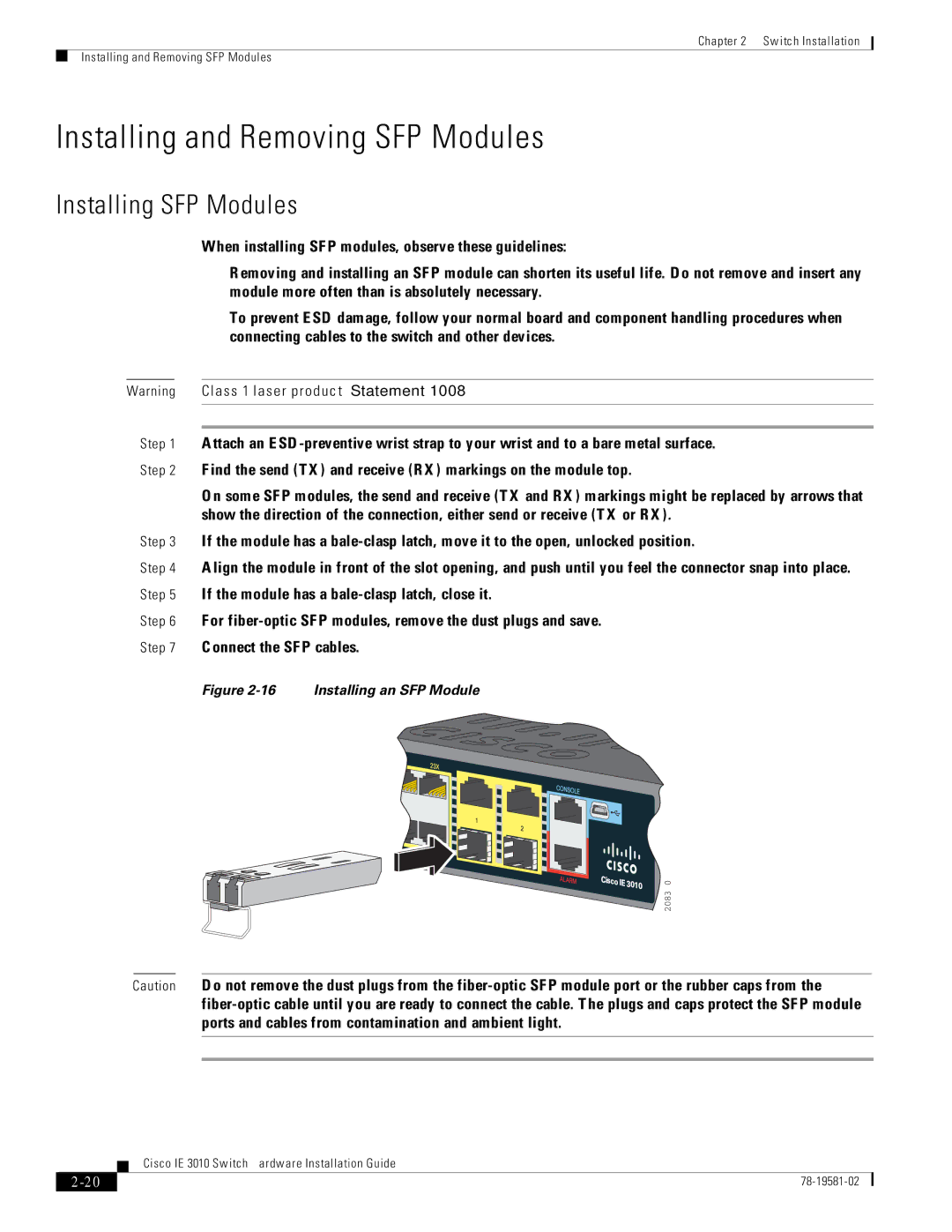 Cisco Systems IE301024TC manual Installing and Removing SFP Modules, Installing SFP Modules 