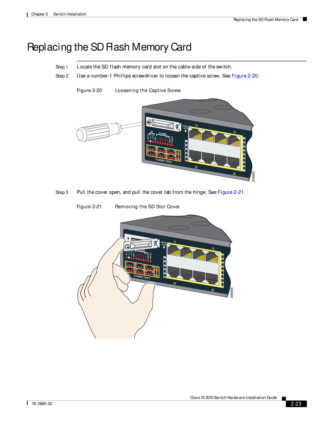 Cisco Systems IE301024TC manual Replacing the SD Flash Memory Card, Loosening the Captive Screw 