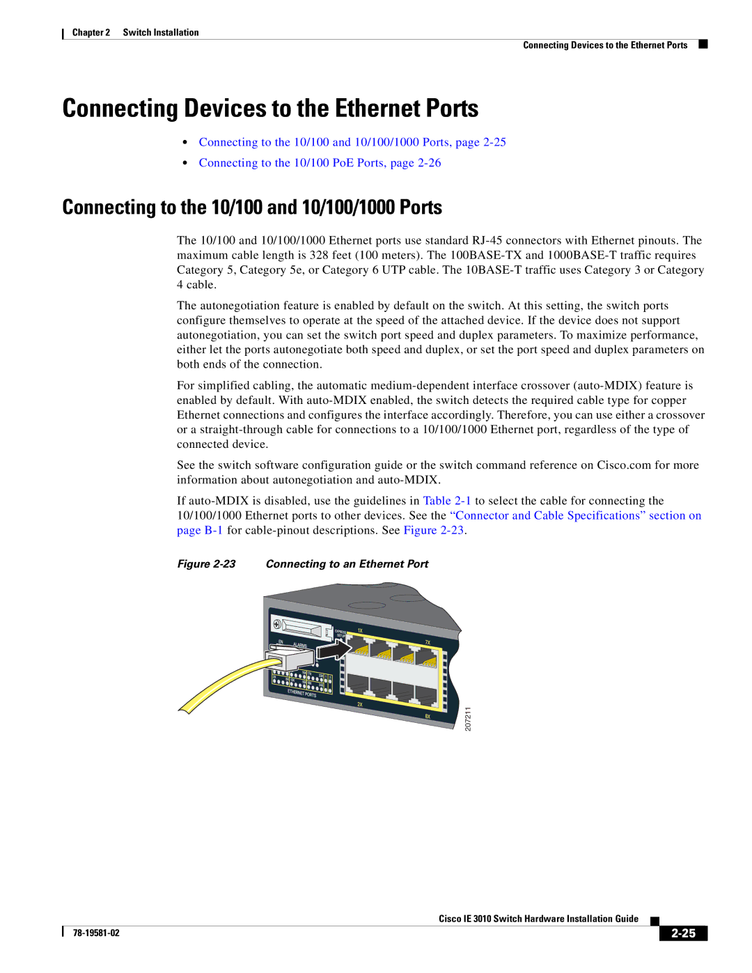 Cisco Systems IE301024TC manual Connecting Devices to the Ethernet Ports, Connecting to the 10/100 and 10/100/1000 Ports 