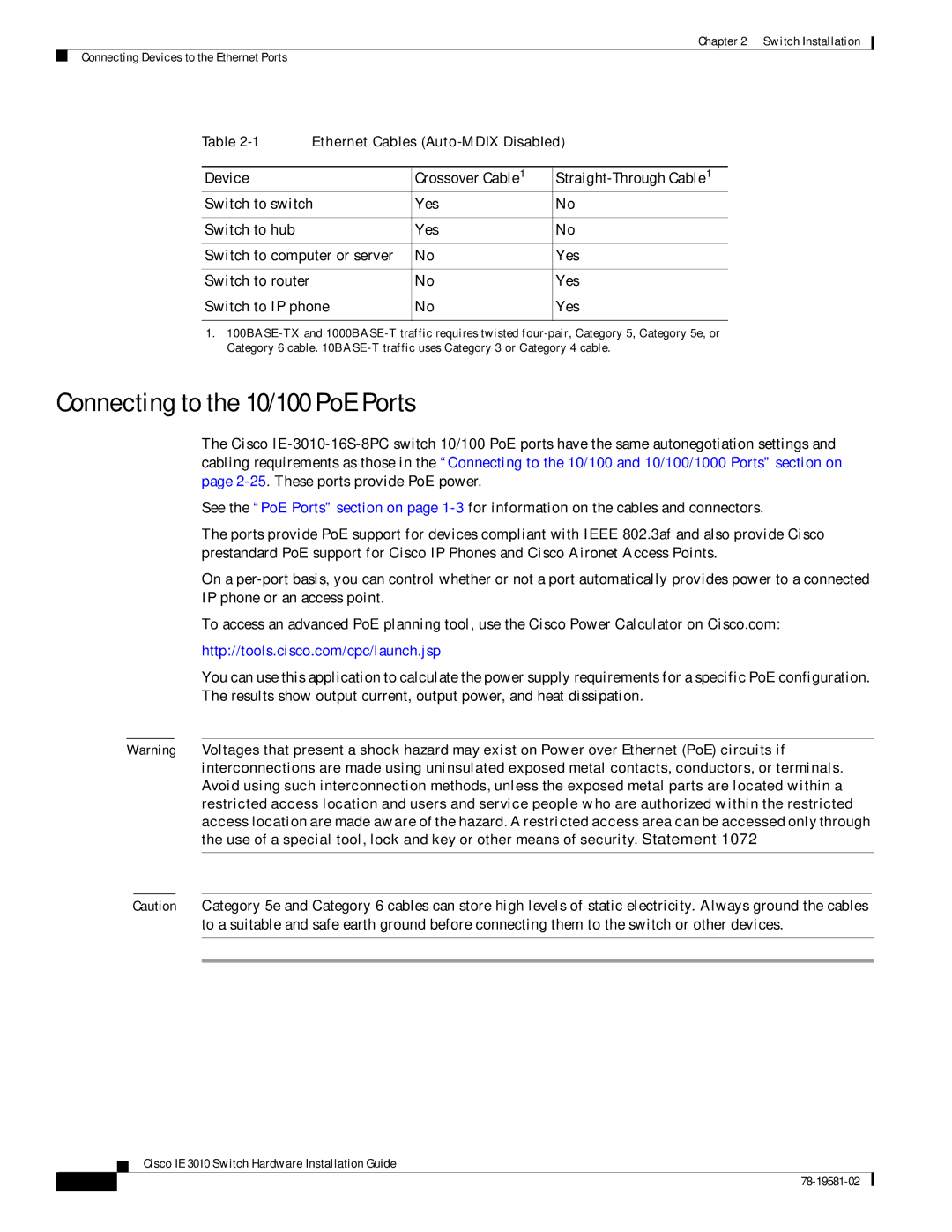 Cisco Systems IE301024TC manual Connecting to the 10/100 PoE Ports, Device Crossover Cable 