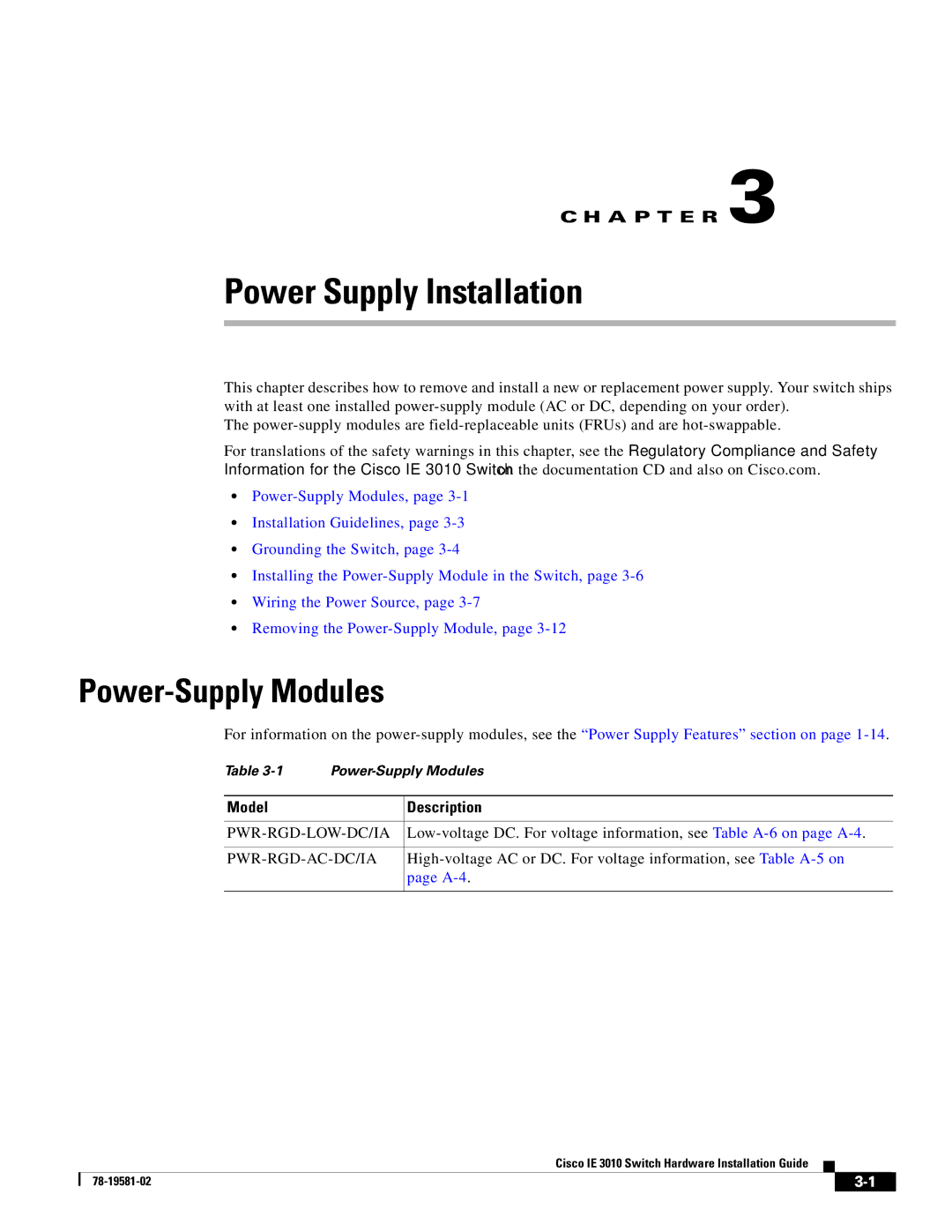 Cisco Systems IE301024TC manual Power Supply Installation, Power-Supply Modules 