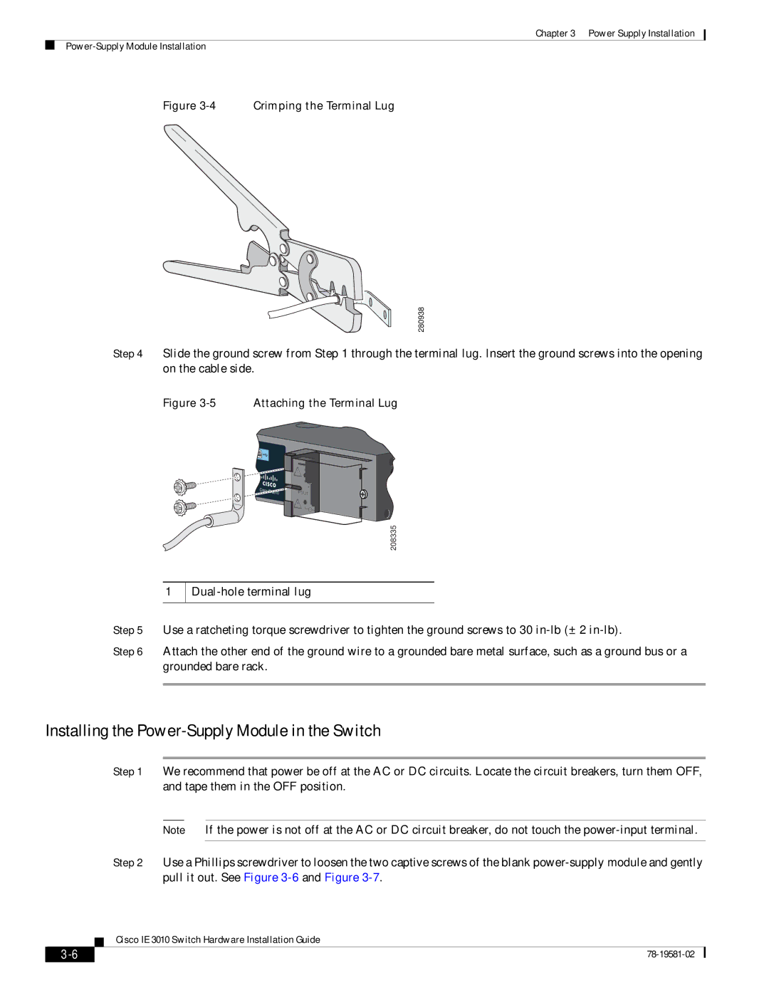 Cisco Systems IE301024TC manual Installing the Power-Supply Module in the Switch, Crimping the Terminal Lug 