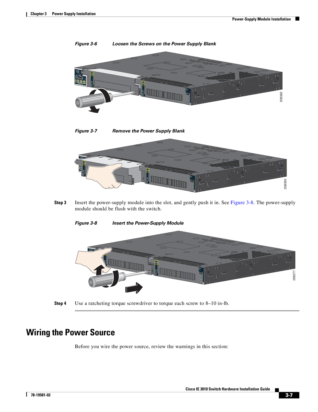 Cisco Systems IE301024TC manual Wiring the Power Source, Loosen the Screws on the Power Supply Blank 