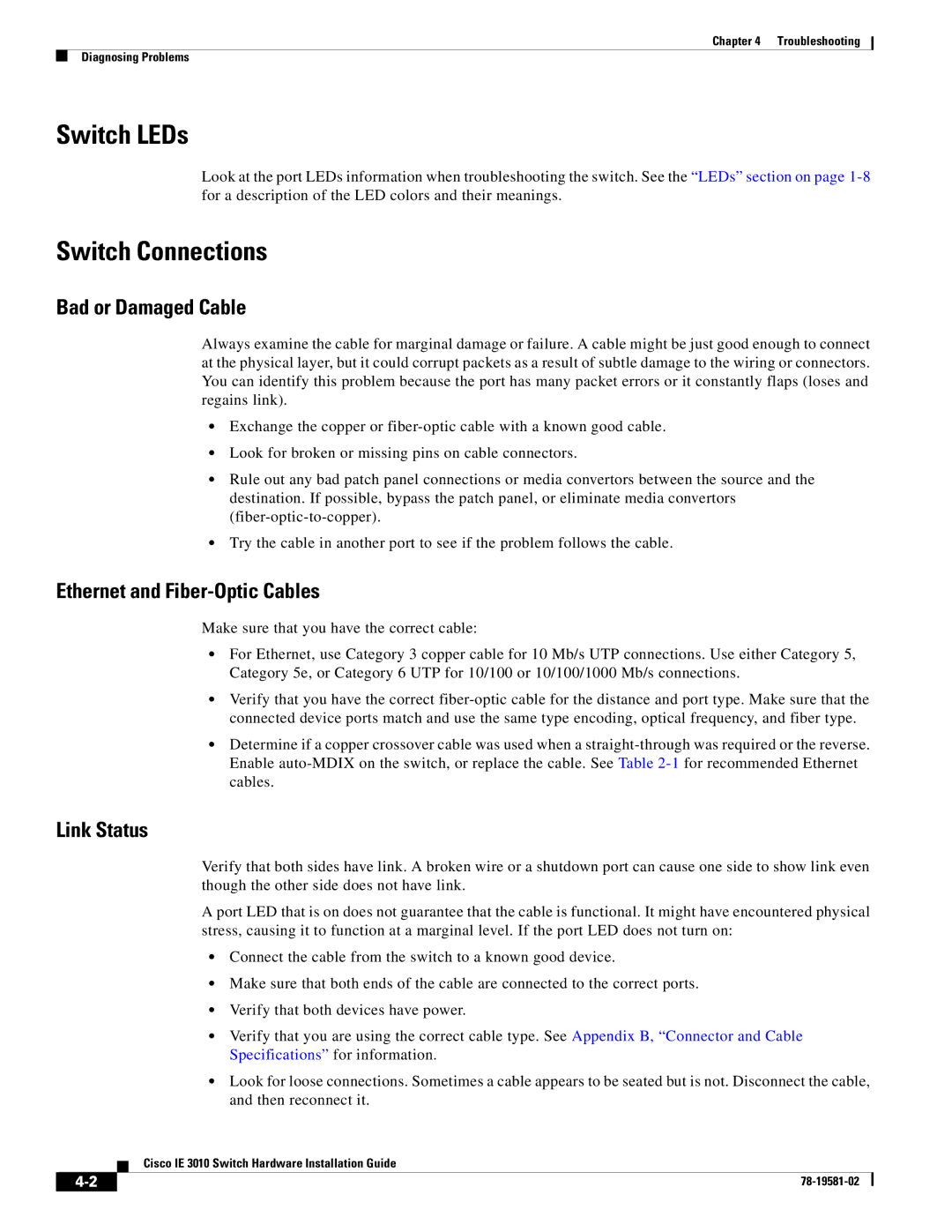 Cisco Systems IE301024TC manual Switch LEDs, Switch Connections, Bad or Damaged Cable, Ethernet and Fiber-Optic Cables 