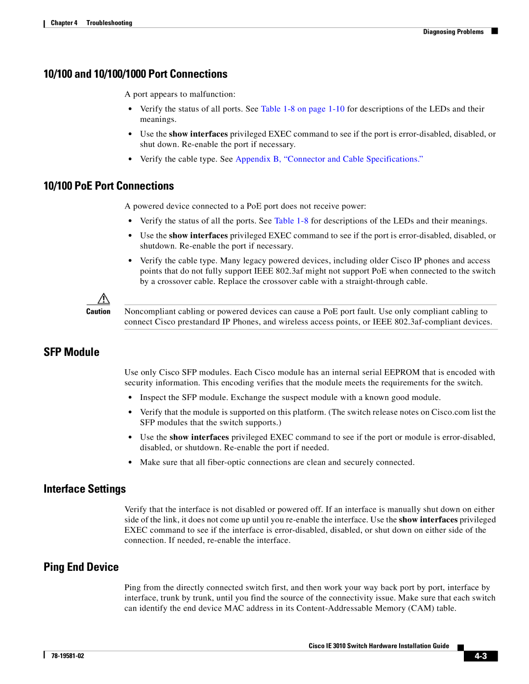 Cisco Systems IE3010 10/100 and 10/100/1000 Port Connections, 10/100 PoE Port Connections, SFP Module, Interface Settings 