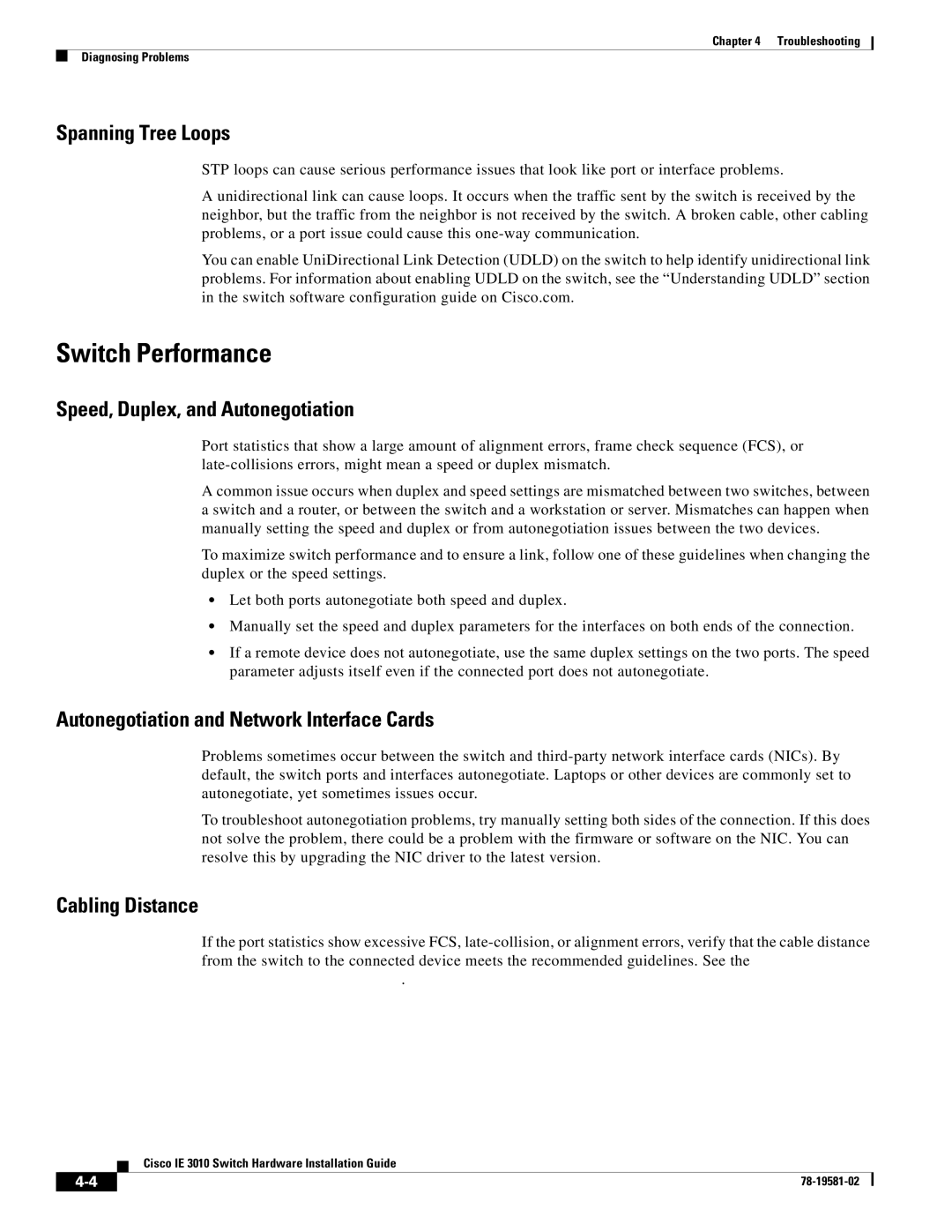 Cisco Systems IE3010 Switch Performance, Spanning Tree Loops, Speed, Duplex, and Autonegotiation, Cabling Distance 