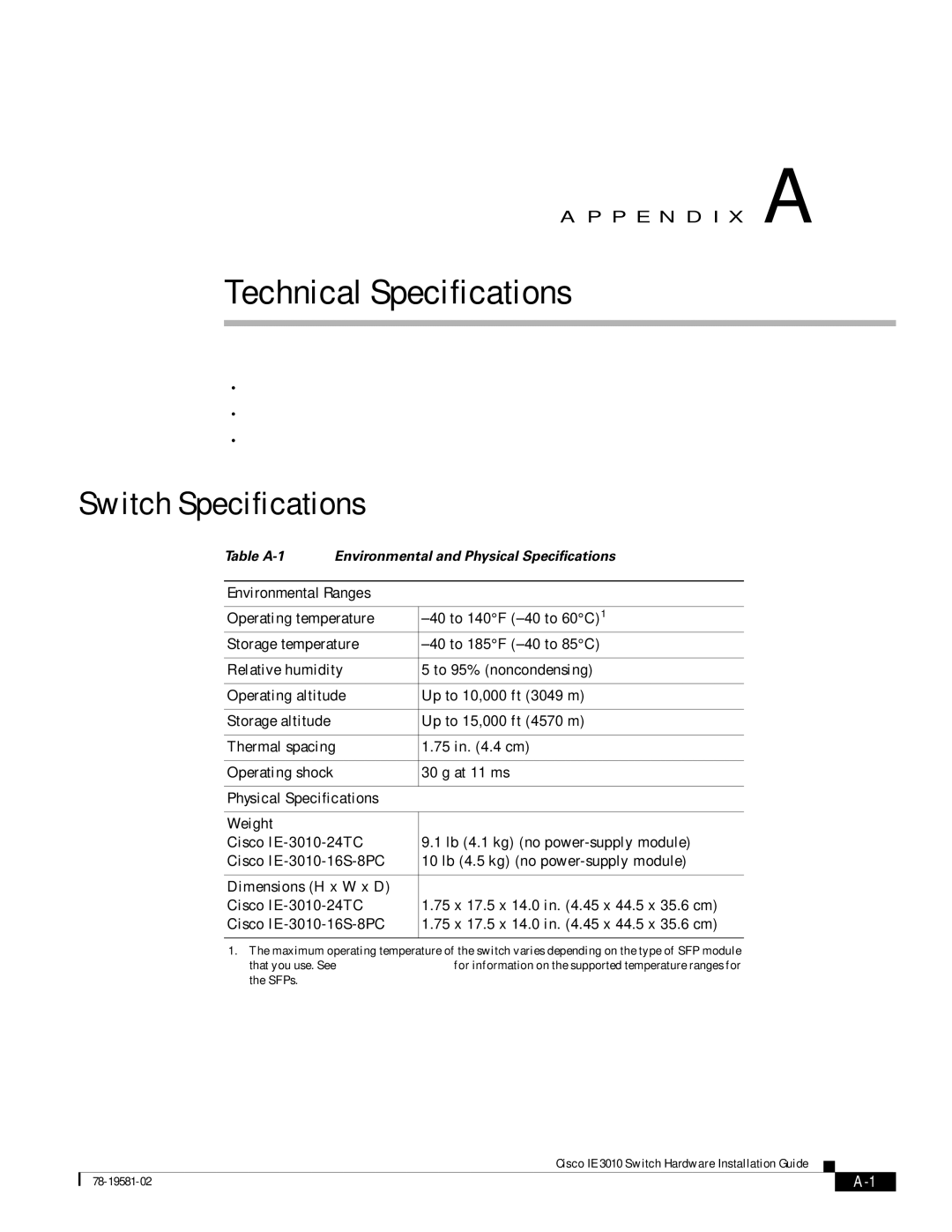 Cisco Systems IE301024TC manual Switch Specifications, Environmental Ranges, Physical Specifications 