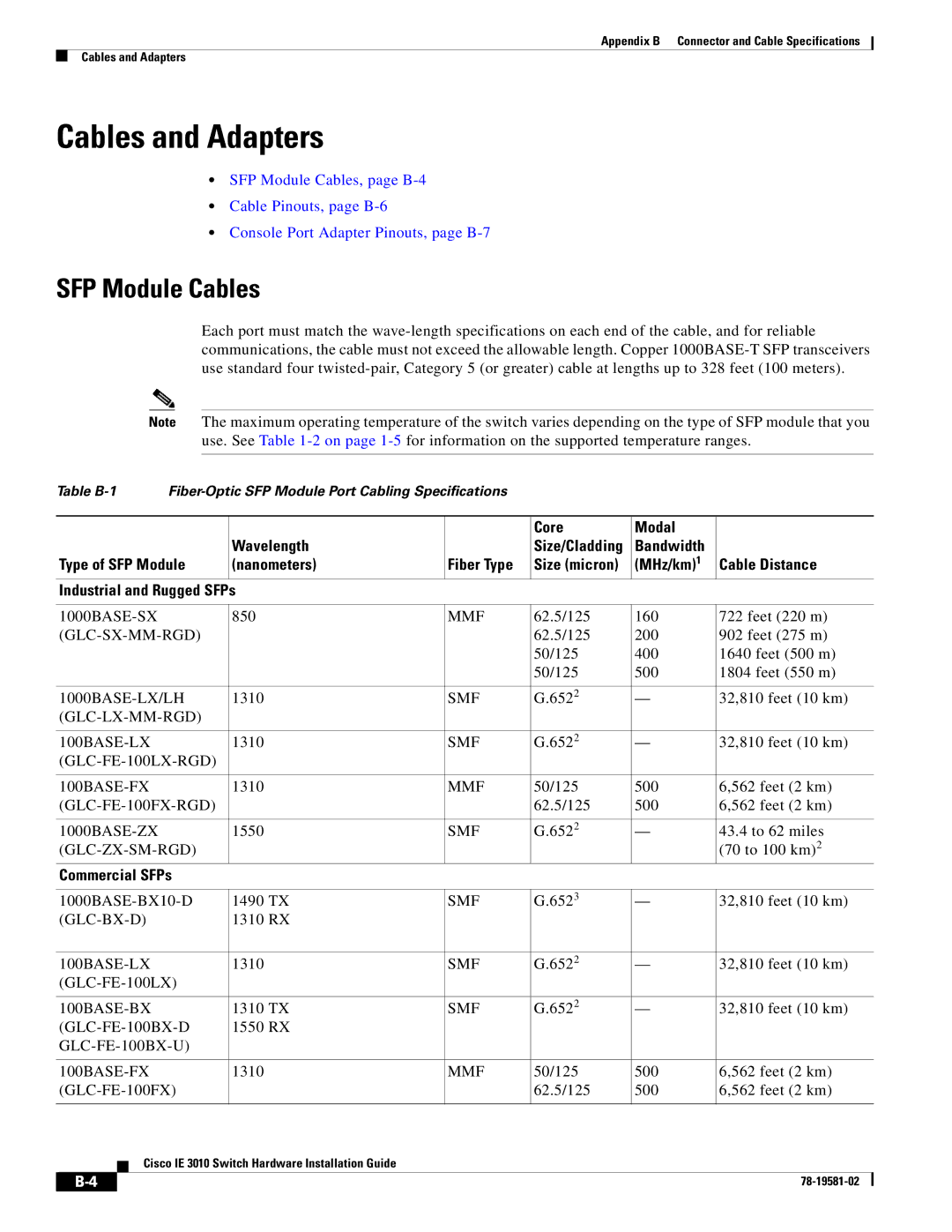 Cisco Systems IE301024TC manual Cables and Adapters, SFP Module Cables 