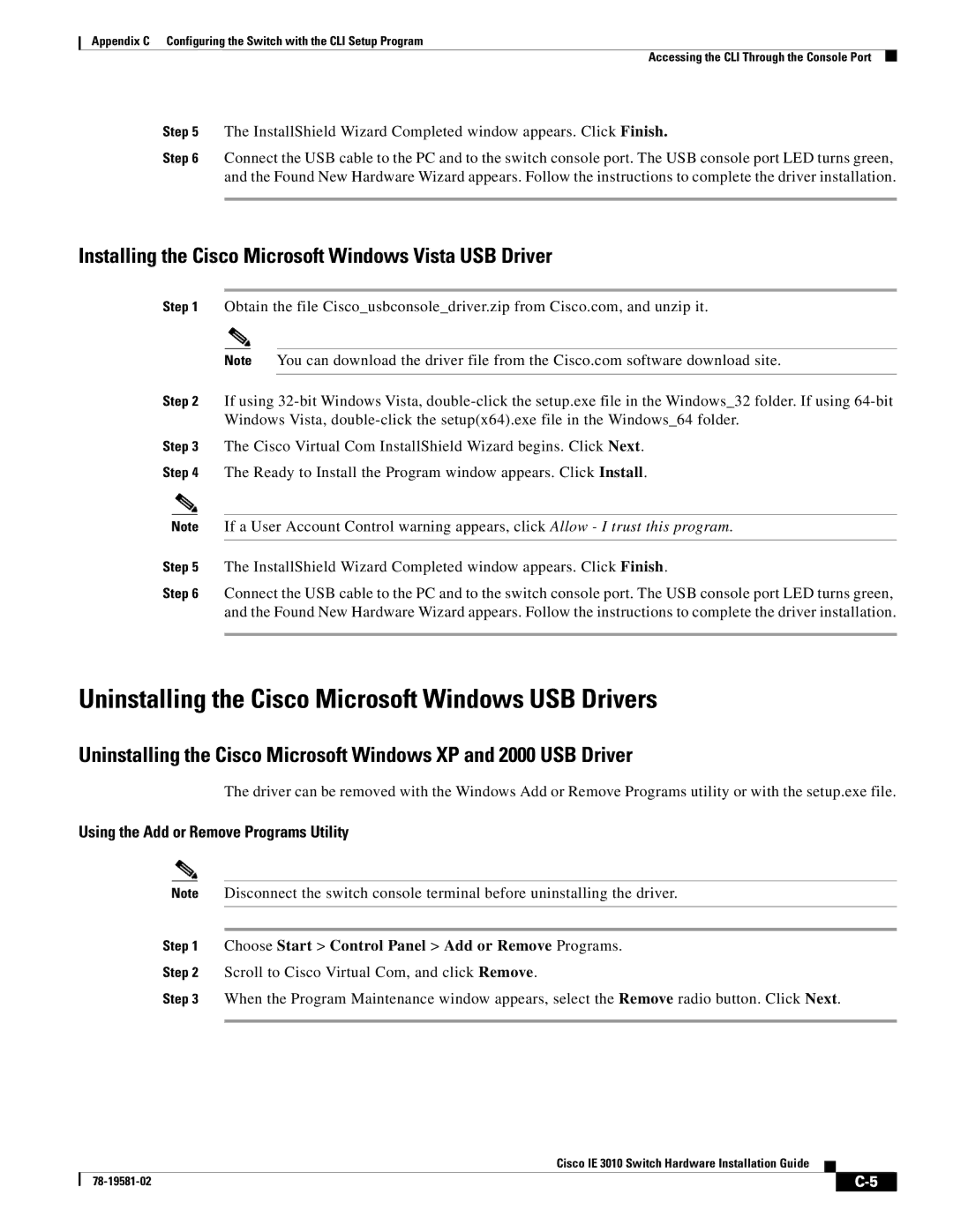 Cisco Systems IE301024TC manual Uninstalling the Cisco Microsoft Windows USB Drivers 