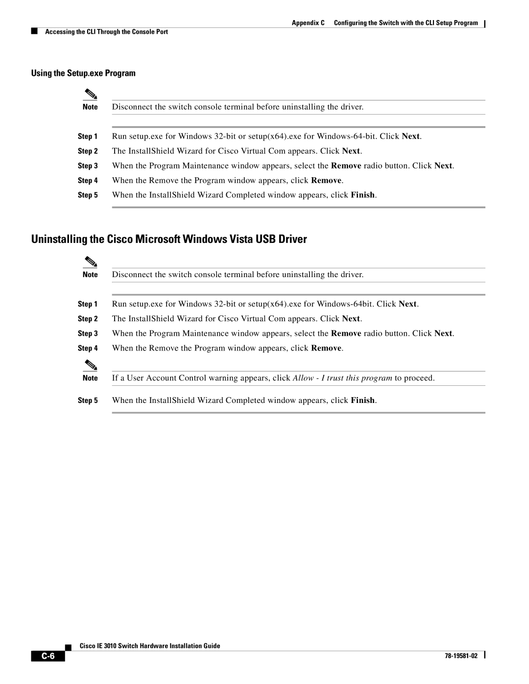 Cisco Systems IE301024TC manual Uninstalling the Cisco Microsoft Windows Vista USB Driver, Using the Setup.exe Program 