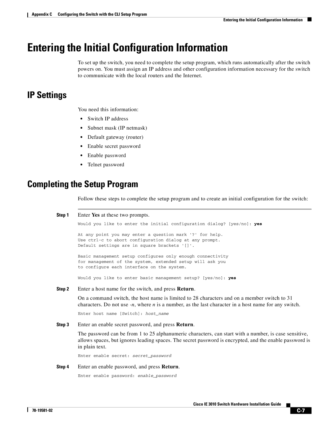 Cisco Systems IE301024TC Entering the Initial Configuration Information, IP Settings, Completing the Setup Program 