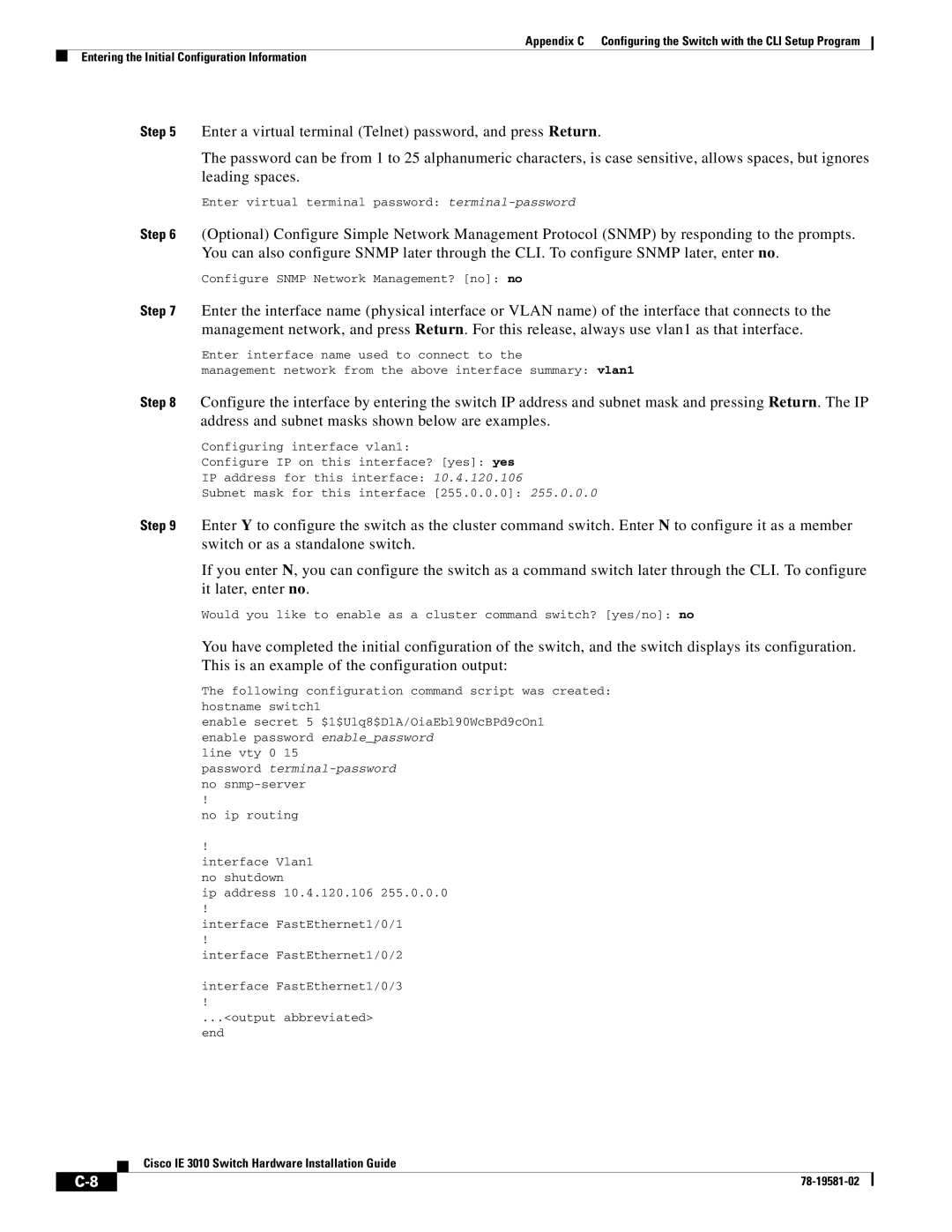 Cisco Systems IE301024TC manual Enter virtual terminal password terminal-password 