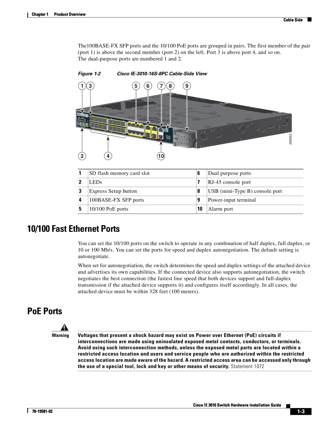 Cisco Systems IE301024TC manual 10/100 Fast Ethernet Ports, PoE Ports, 2 Cisco IE-3010-16S-8PC Cable-Side View 