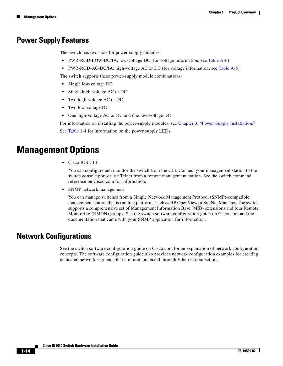 Cisco Systems IE301024TC manual Management Options, Power Supply Features, Network Configurations, 1-14 