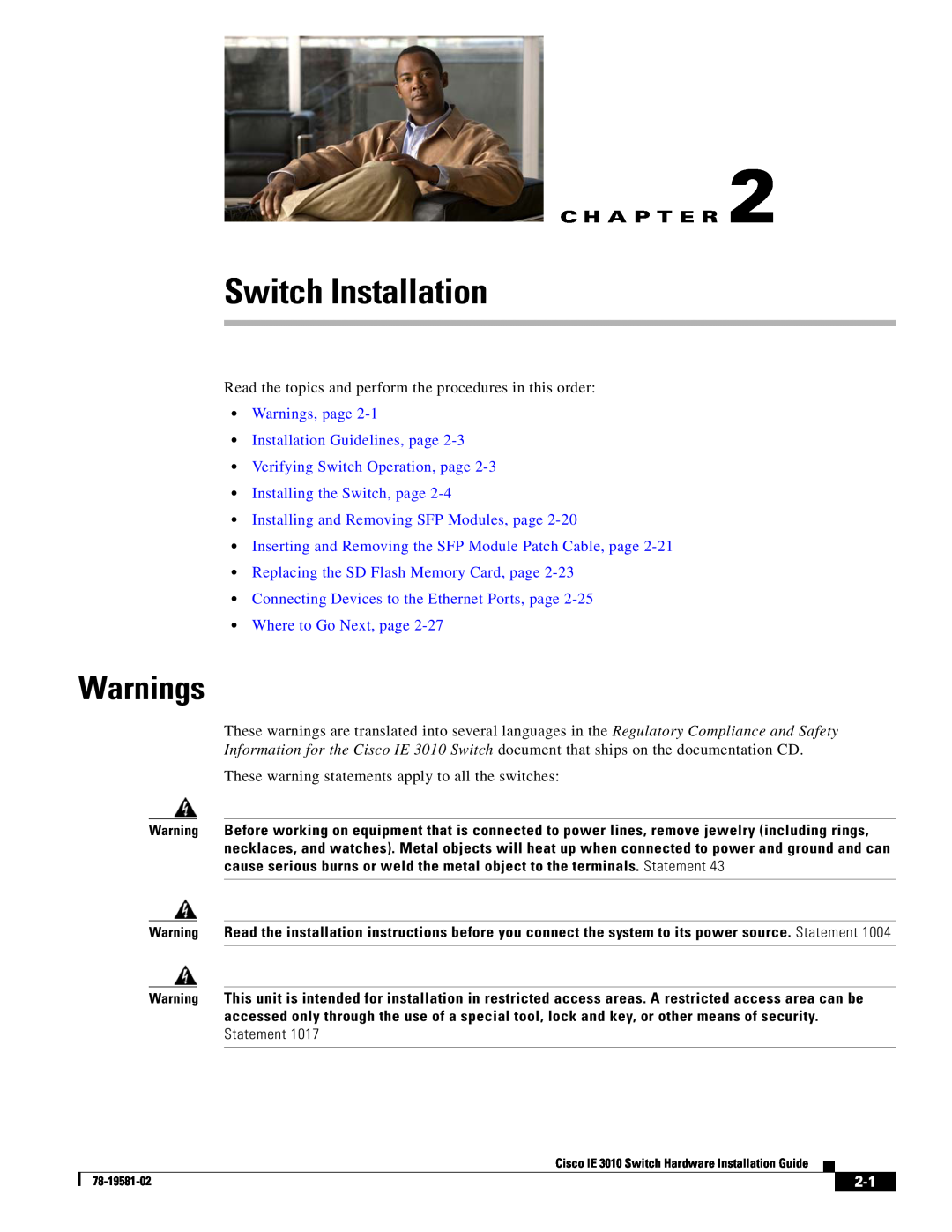 Cisco Systems IE301024TC manual Switch Installation, Warnings, page Installation Guidelines, page, C H A P T E R 