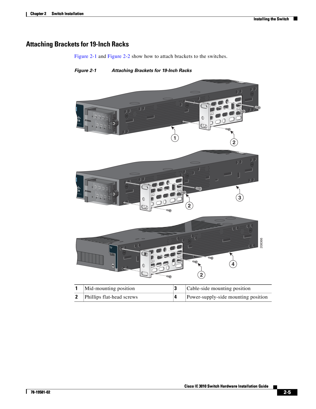 Cisco Systems IE301024TC 1 Attaching Brackets for 19-Inch Racks, Switch Installation Installing the Switch, 208366 