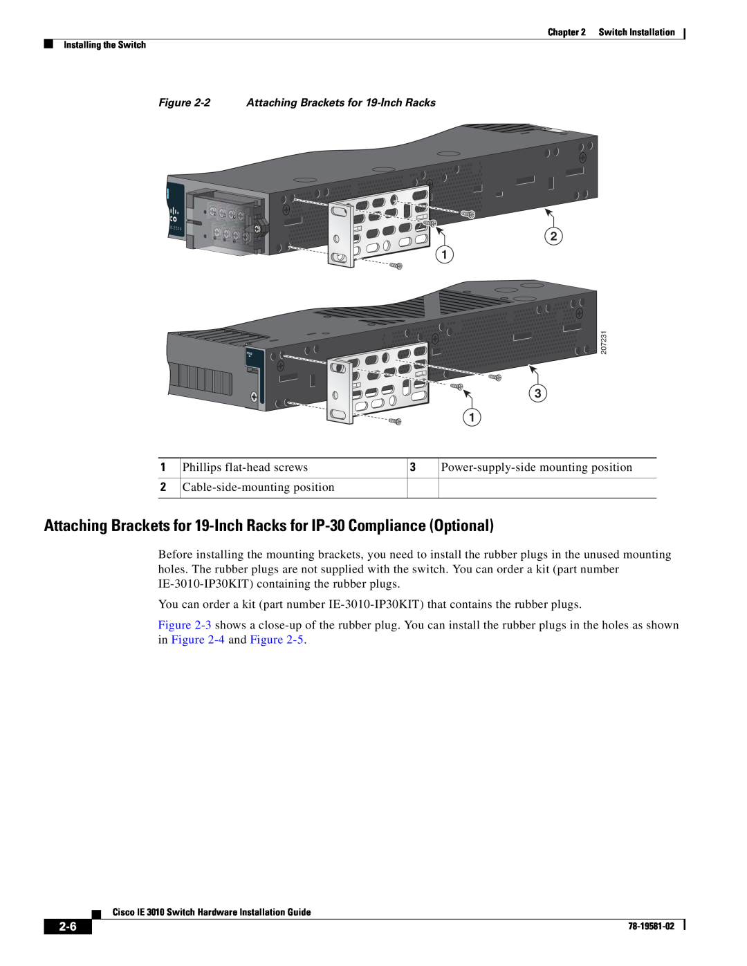 Cisco Systems IE301024TC manual Attaching Brackets for 19-Inch Racks for IP-30 Compliance Optional 