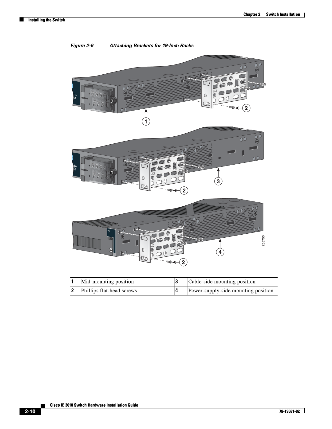 Cisco Systems 3010 2-10, 6 Attaching Brackets for 19-Inch Racks, Switch Installation Installing the Switch, 78-19581-02 