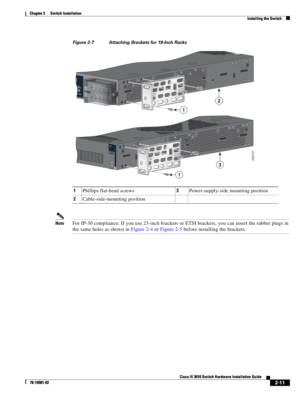 Cisco Systems IE301024TC manual 2-11, 7 Attaching Brackets for 19-Inch Racks, Cisco CGS 