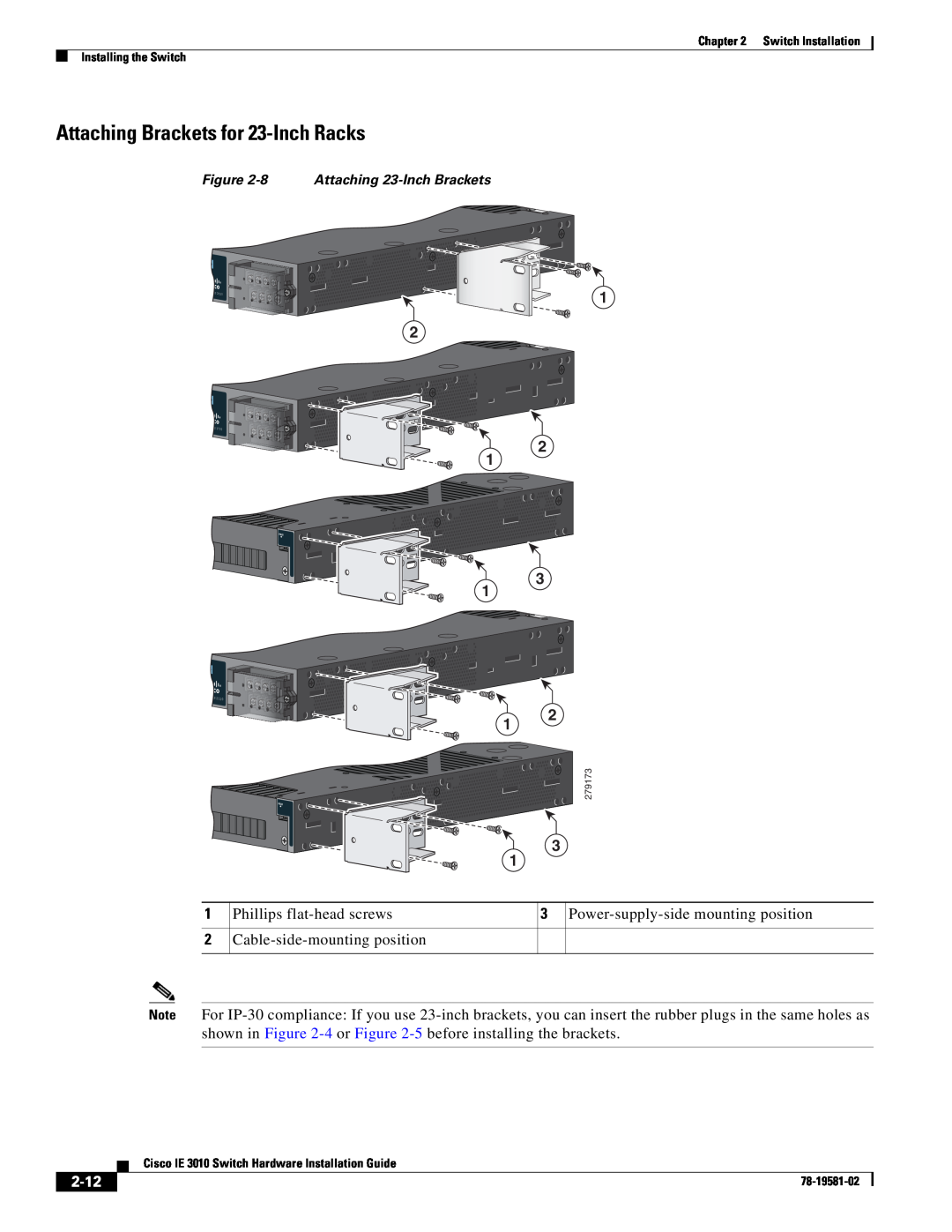 Cisco Systems IE301024TC manual Attaching Brackets for 23-Inch Racks, 2-12, 8 Attaching 23-Inch Brackets 